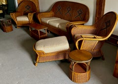 Grand salon sept pièces en osier Art déco d'époque étroitement tressé