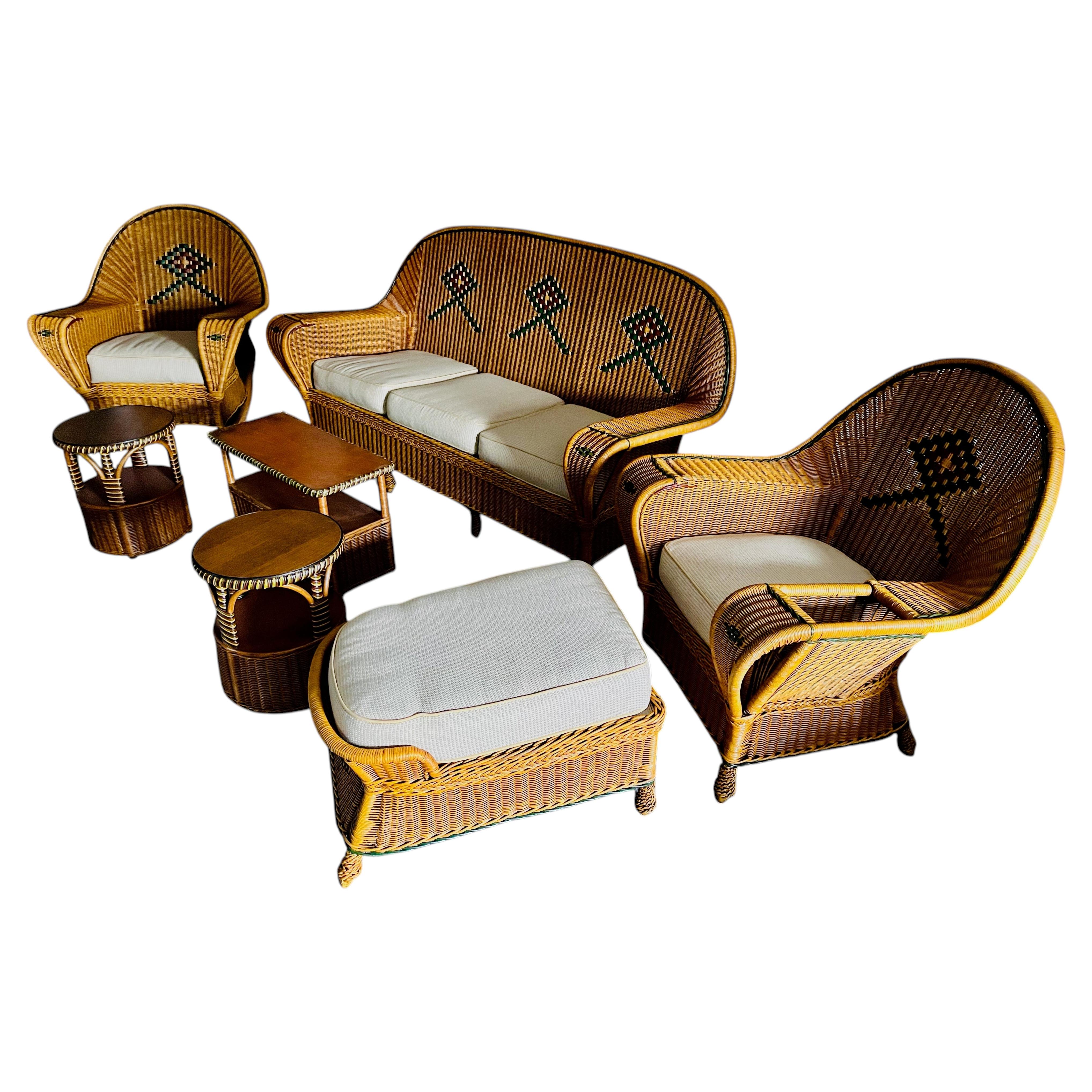Magnífico Tejido Cerrado Art Decó Siete pzs. Heywood-Wakefield Co., Suite Wicker