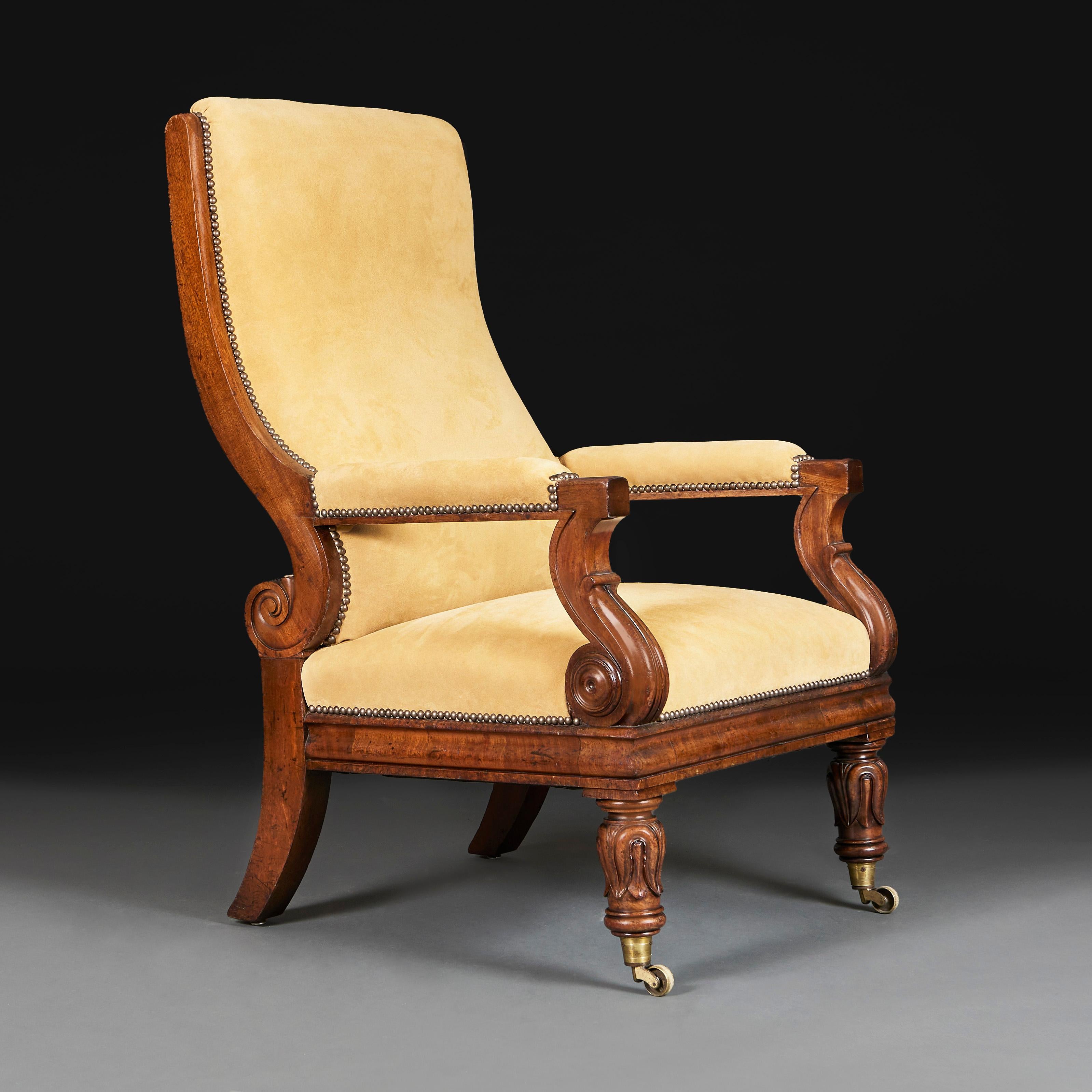 England, circa 1840

A William IV mahogany library chair of large scale, with scrolling arms and uprights, the front legs carved with tulip motives and terminating in brass castors.

Height 114.00cm
Width 64.00cm
Depth 79.00cm
Seat height 40.00cm