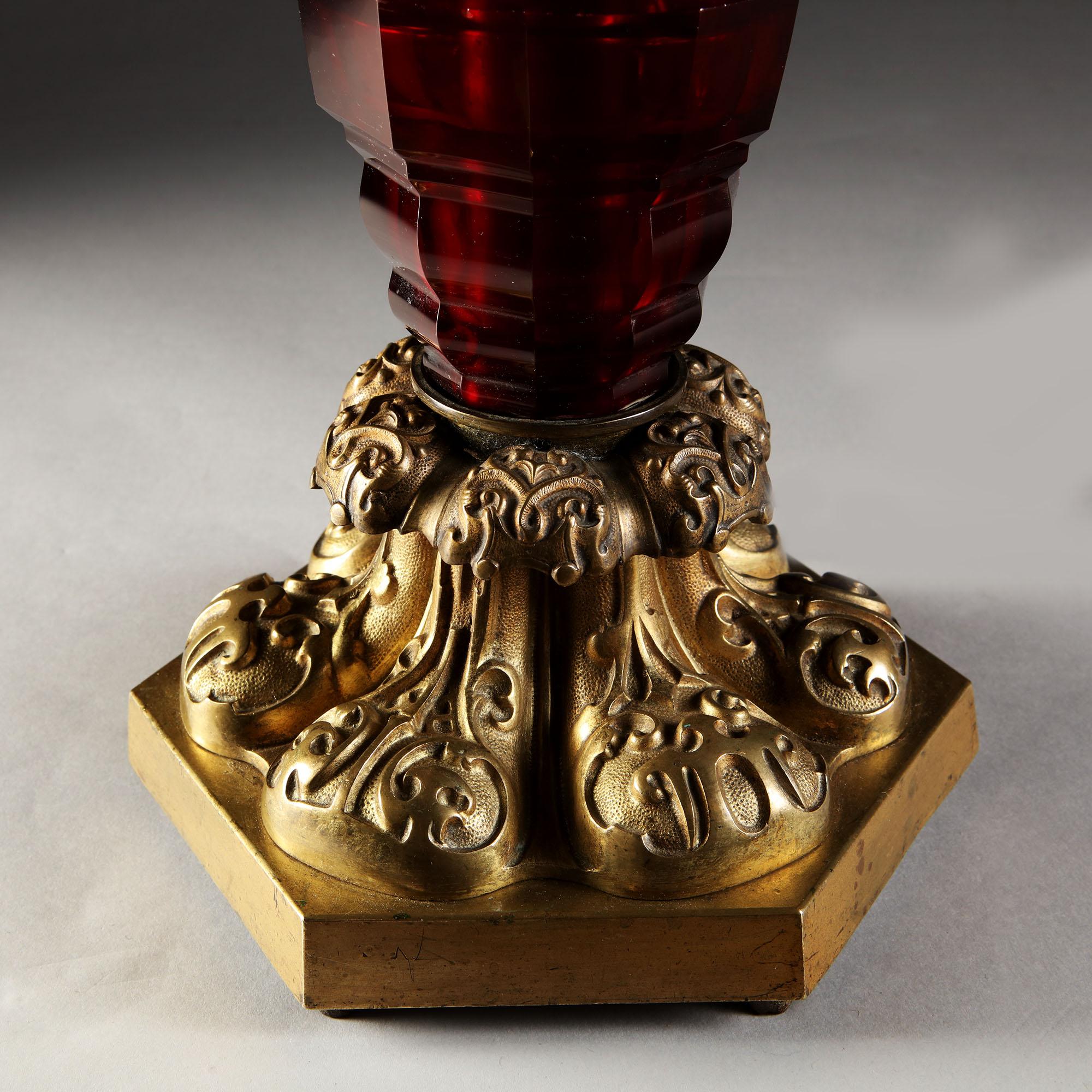 Large William IV Red Glass Column Table Lamp with Gilt Bronze Mounts In Good Condition In London, GB