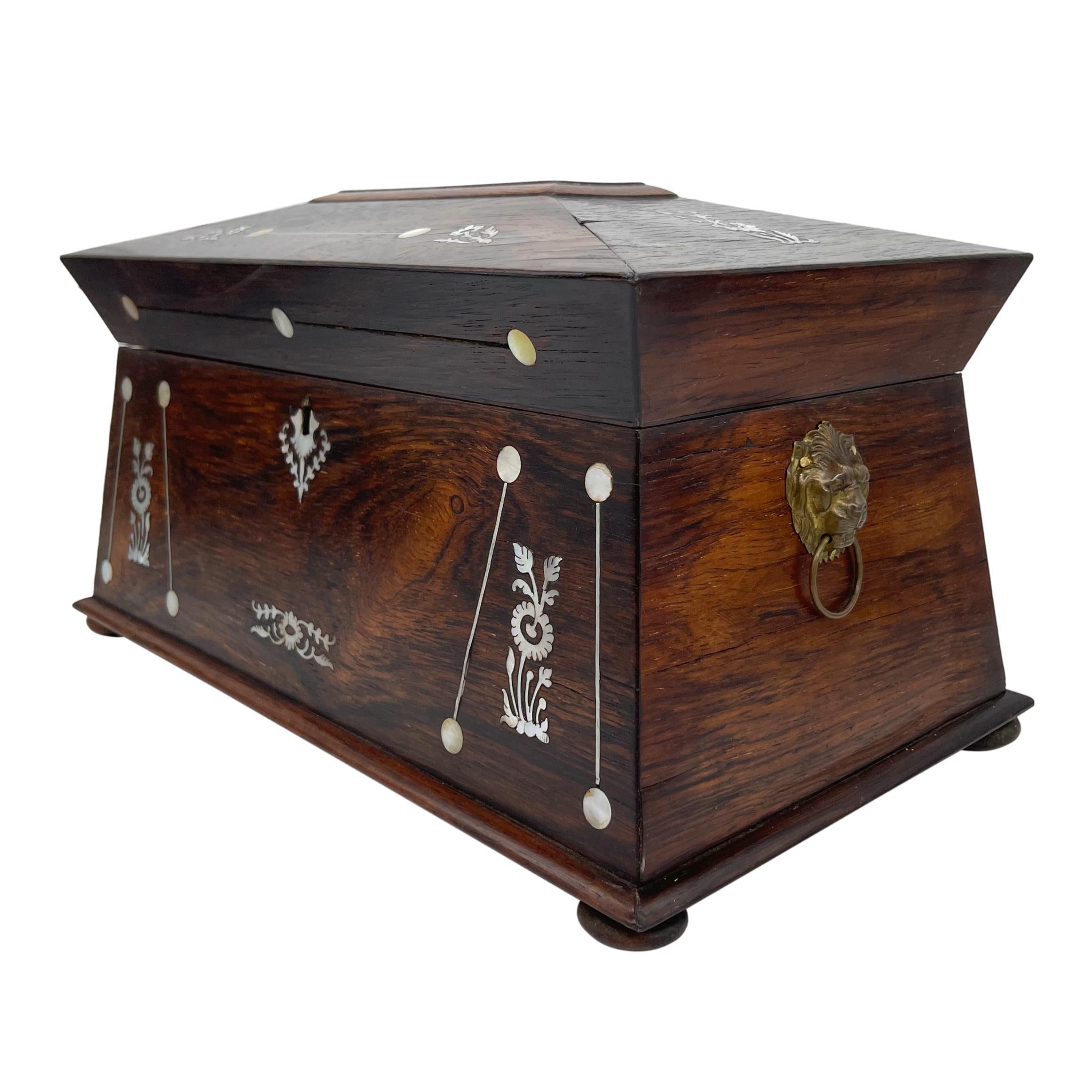 English Large William IV Rosewood Tea Caddy with Mother-of-Pearl Inlays, ca. 1835
