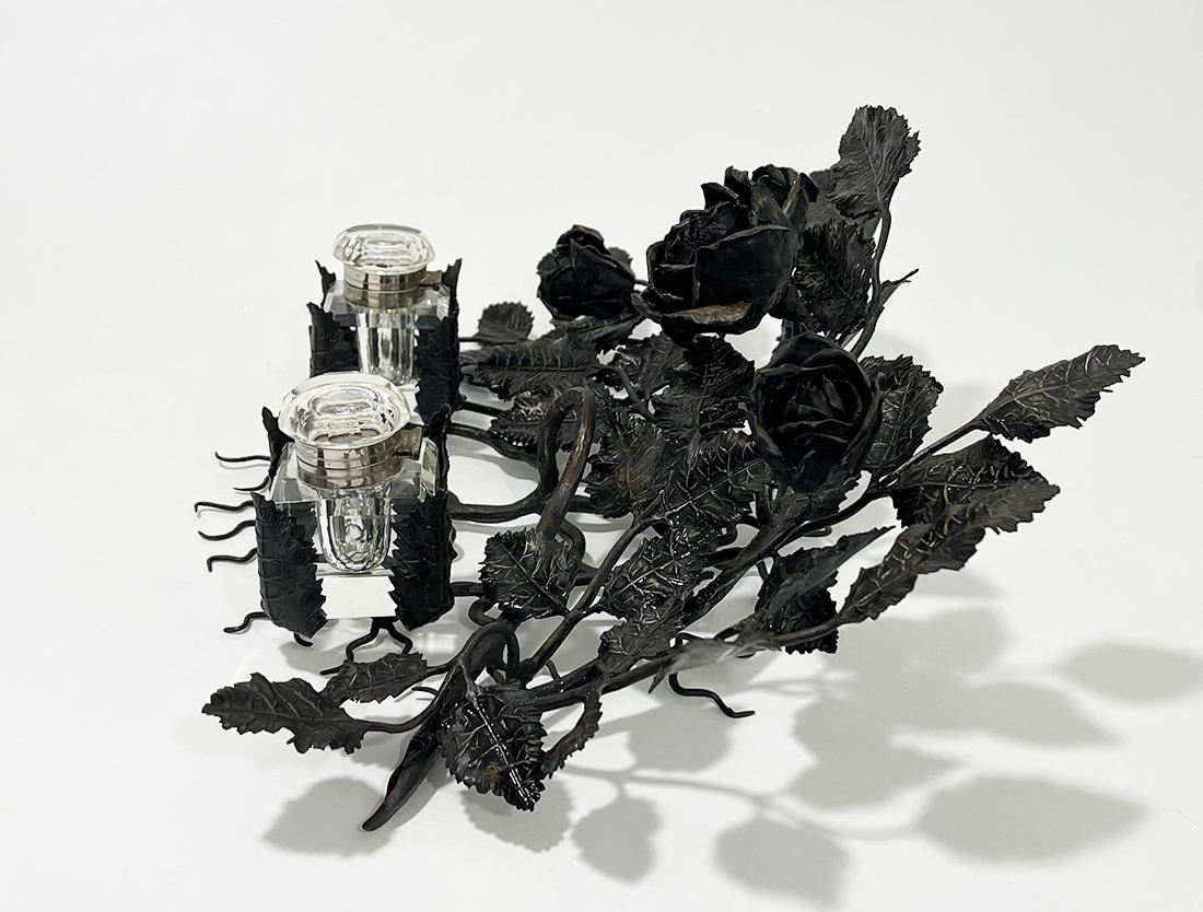 Belgian Large Wrought Iron Inkwell of Branches with Roses, circa 1910 For Sale