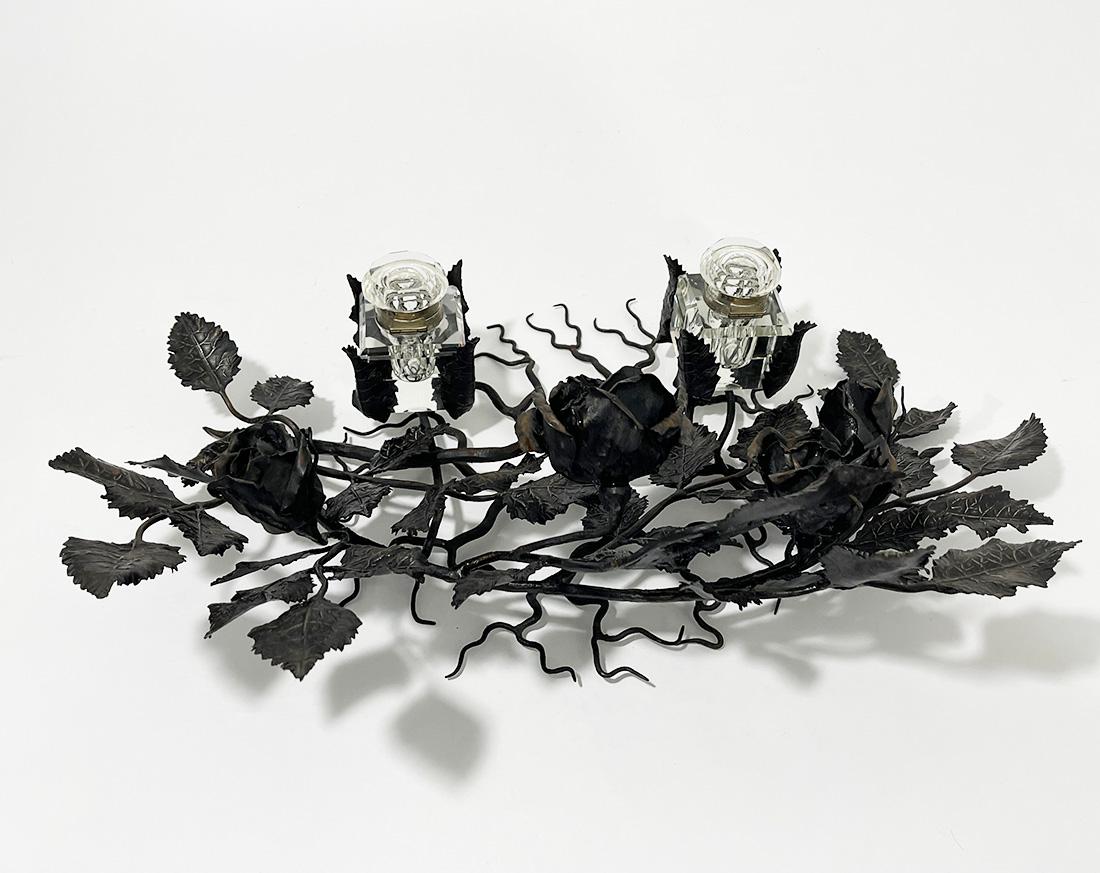 20th Century Large Wrought Iron Inkwell of Branches with Roses, circa 1910 For Sale