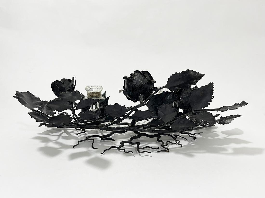 Crystal Large Wrought Iron Inkwell of Branches with Roses, circa 1910 For Sale