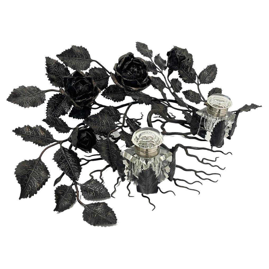 Large Wrought Iron Inkwell of Branches with Roses, circa 1910 For Sale