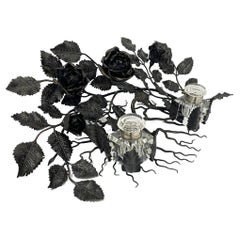 Antique Large Wrought Iron Inkwell of Branches with Roses, circa 1910