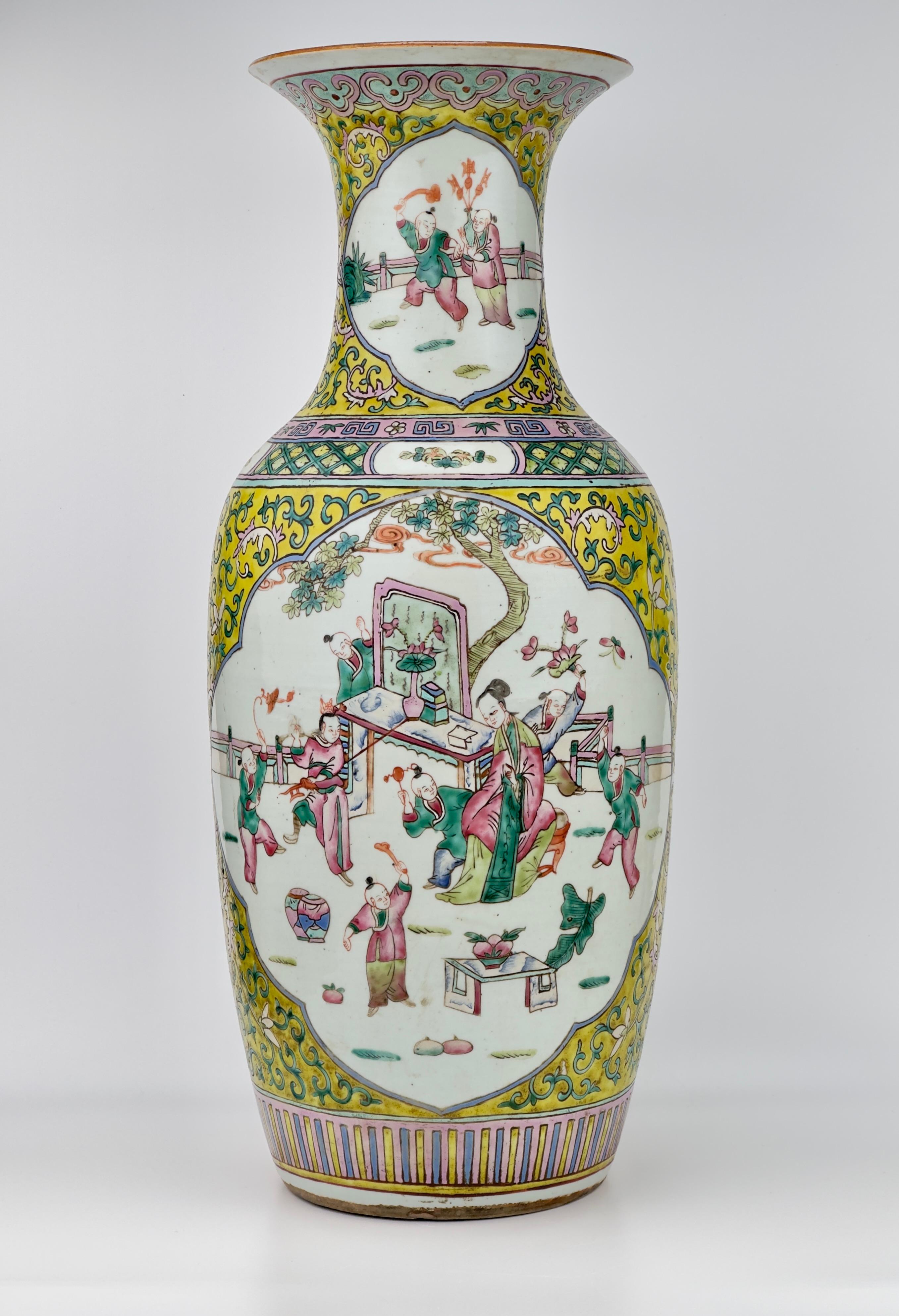 A large yellow ground famille rose vase, Late Qing Period. For Sale 7