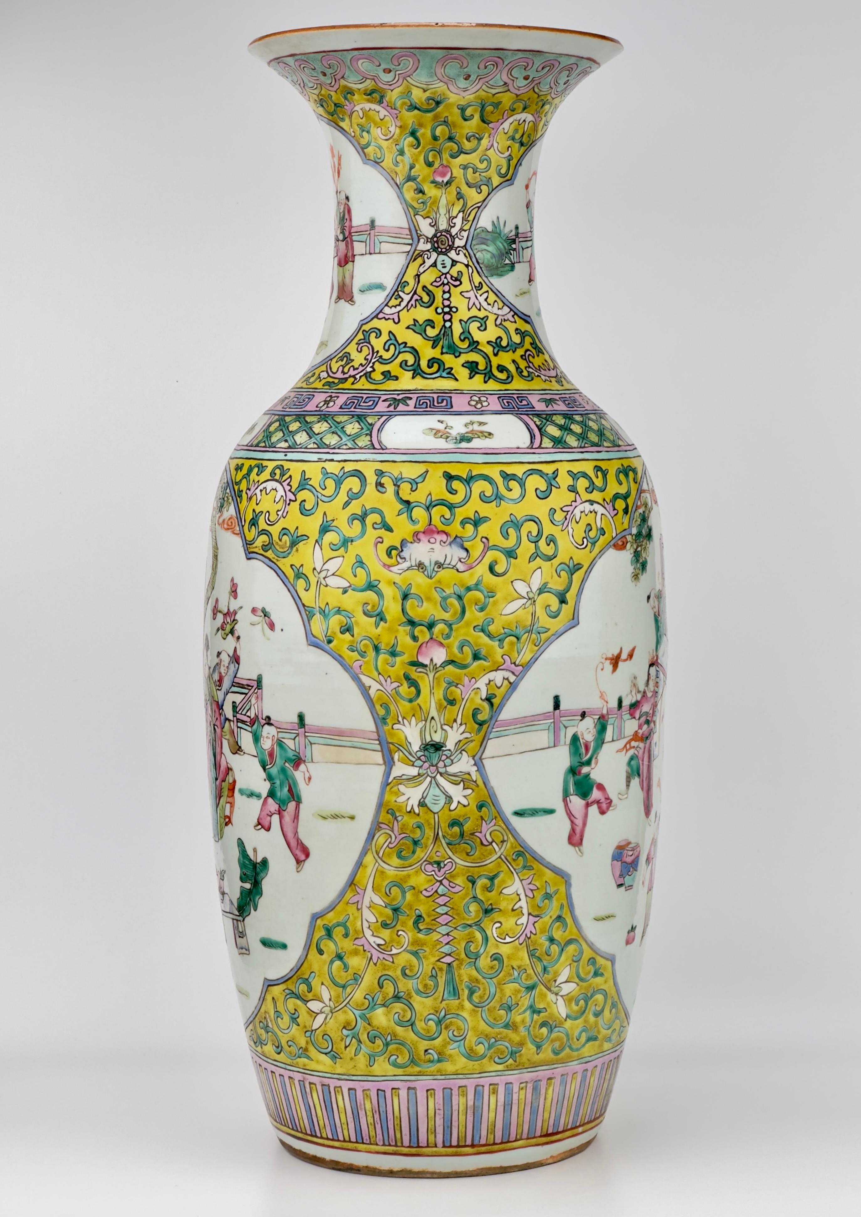 Porcelain painted in overglaze polychrome enamels, yellow ground.

Period: Qing Dynasty(19th century)
Type: Vase
Medium: Famille rose
Size : 58cm(Height) x 19.5cm(Mouth Diameter)
Condition: Excellent(Fading on surface with traces of use)
Reference