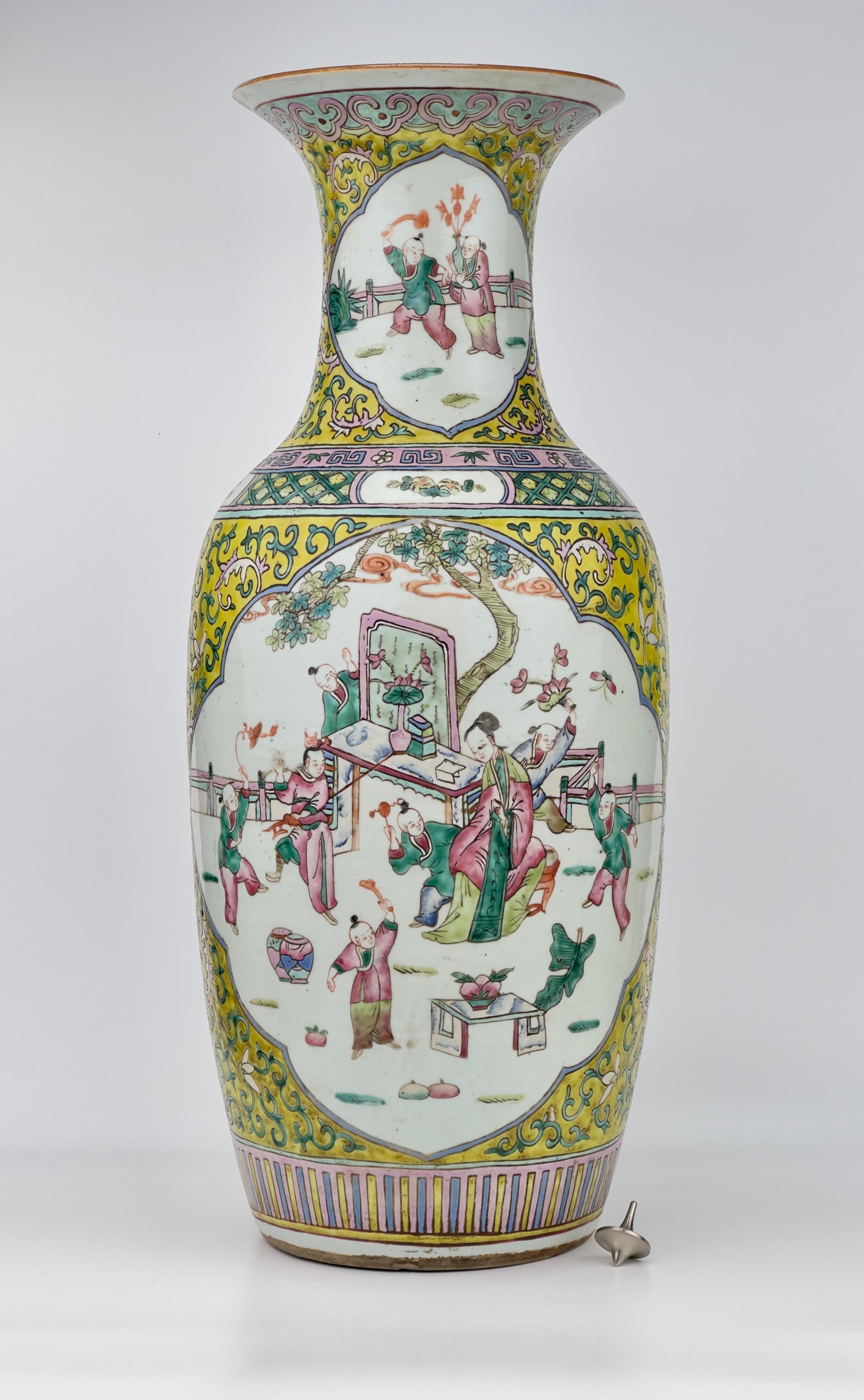 Chinese A large yellow ground famille rose vase, Late Qing Period. For Sale