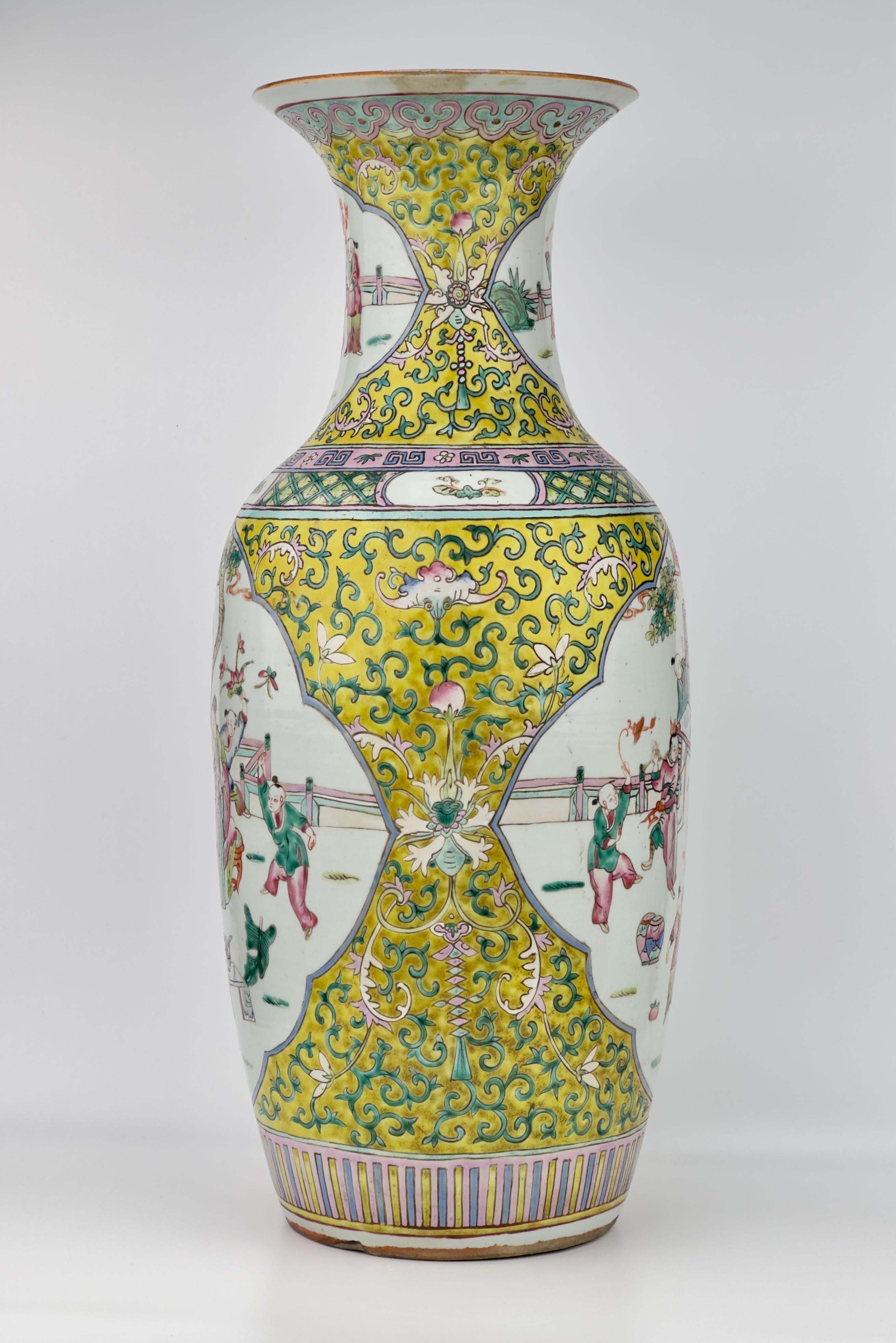 Enameled A large yellow ground famille rose vase, Late Qing Period. For Sale