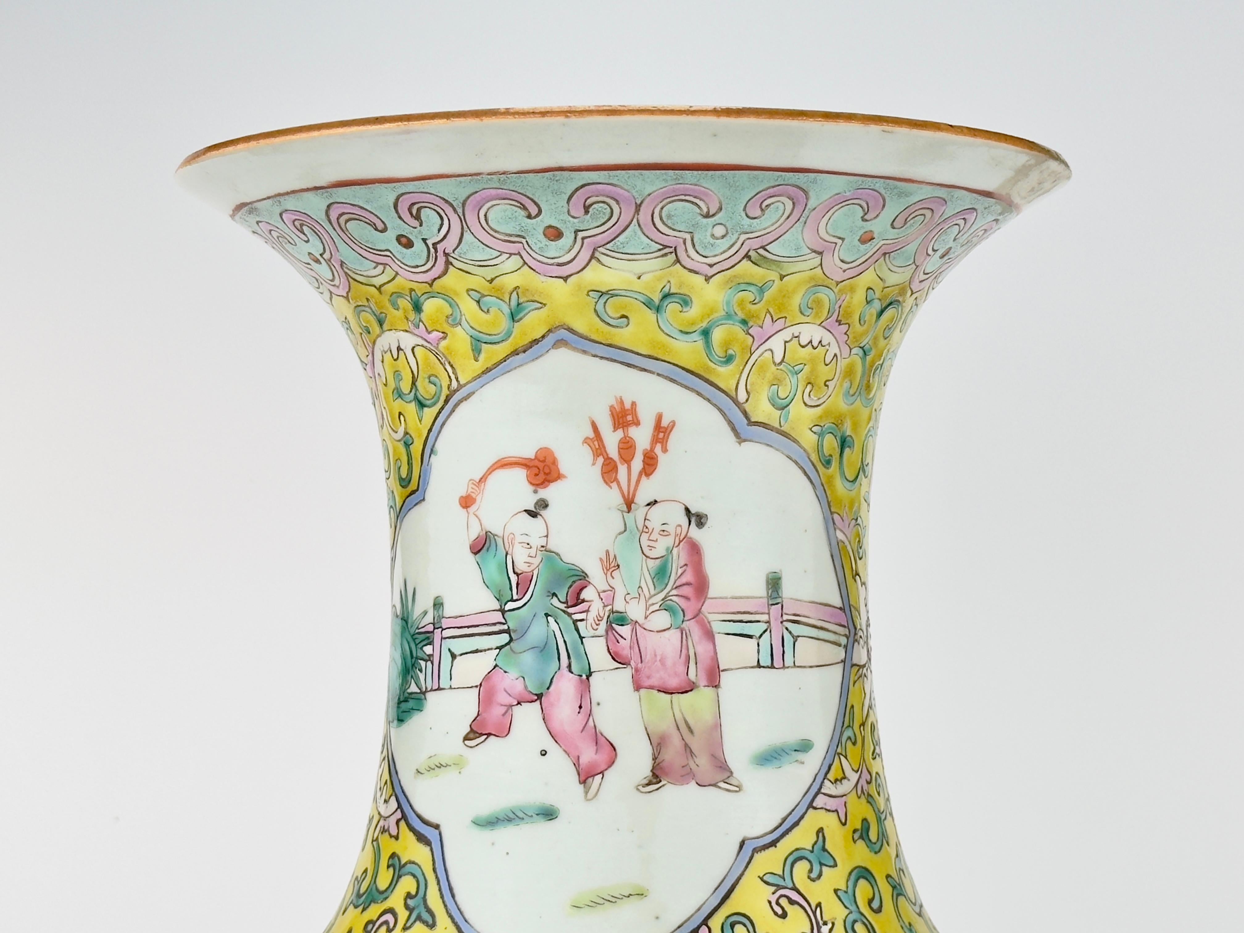 19th Century A large yellow ground famille rose vase, Late Qing Period. For Sale