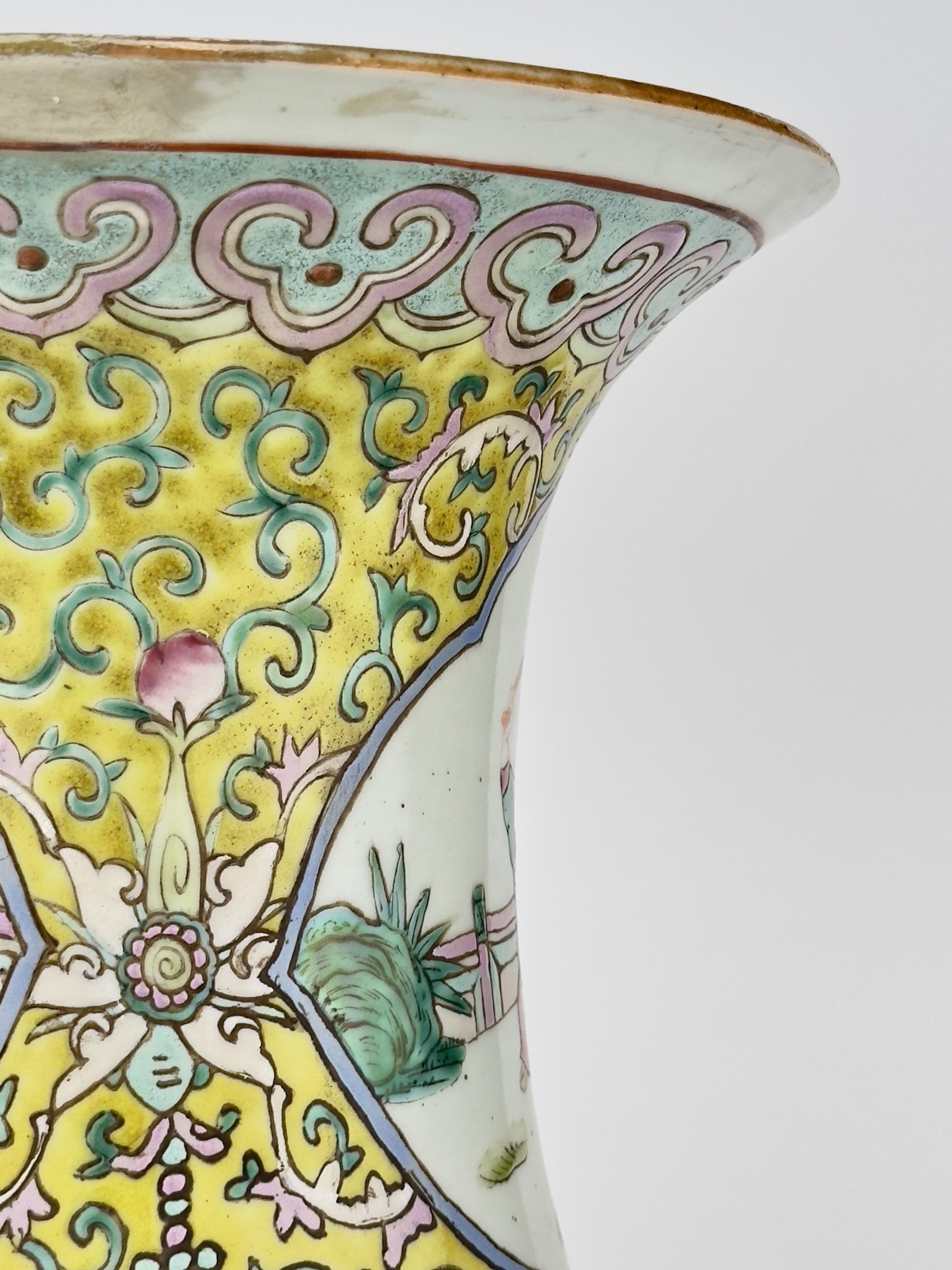 Ceramic A large yellow ground famille rose vase, Late Qing Period. For Sale