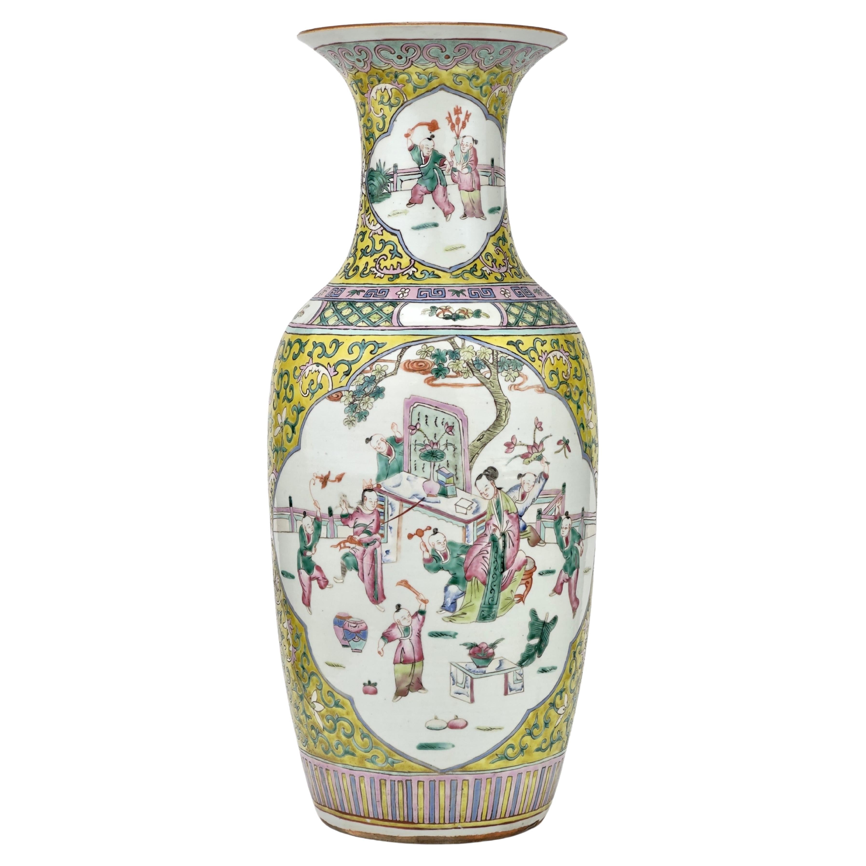 A large yellow ground famille rose vase, Late Qing Period. For Sale