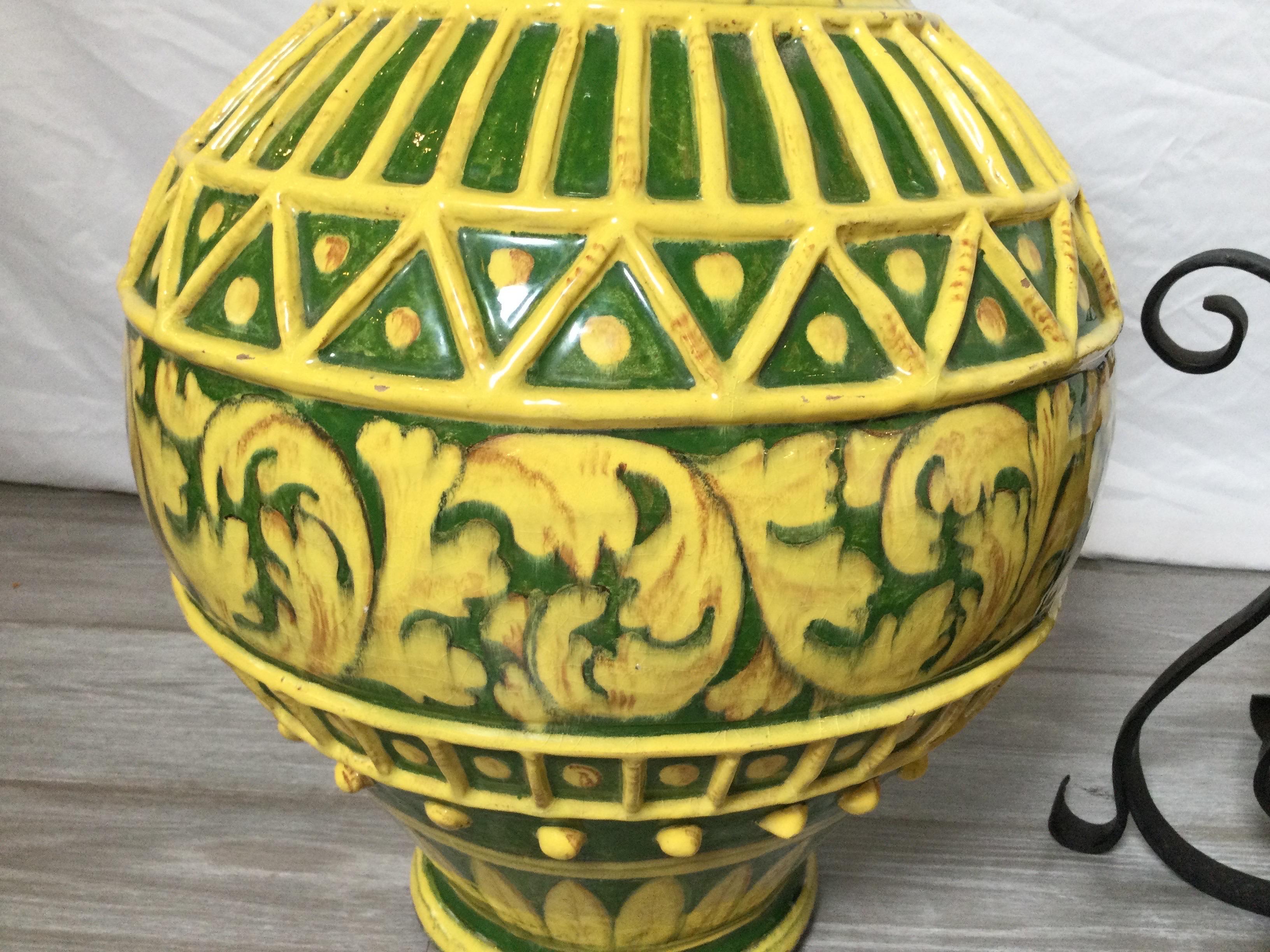 Italian Large Yellow Tin Glazed Earthen Ware Pot on Stand For Sale