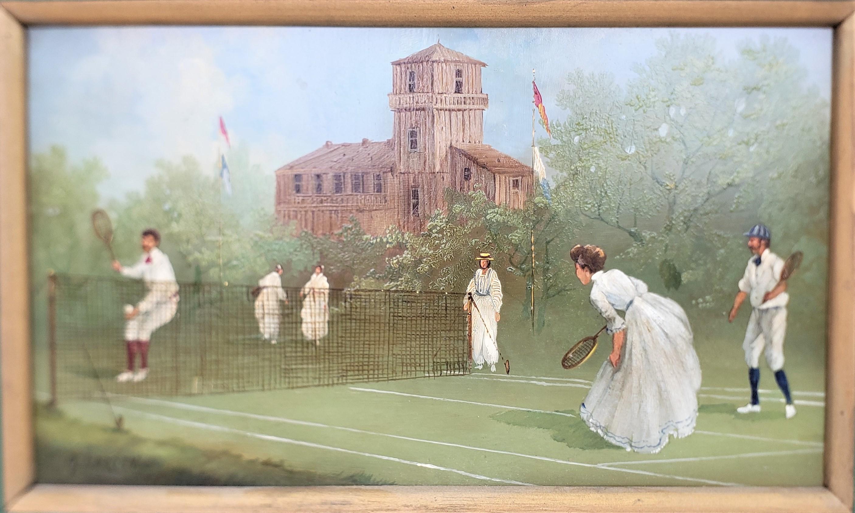 Art déco Peinture originale à l'huile sur cuivre représentant des joueurs de tennis, signée A. Larren en vente