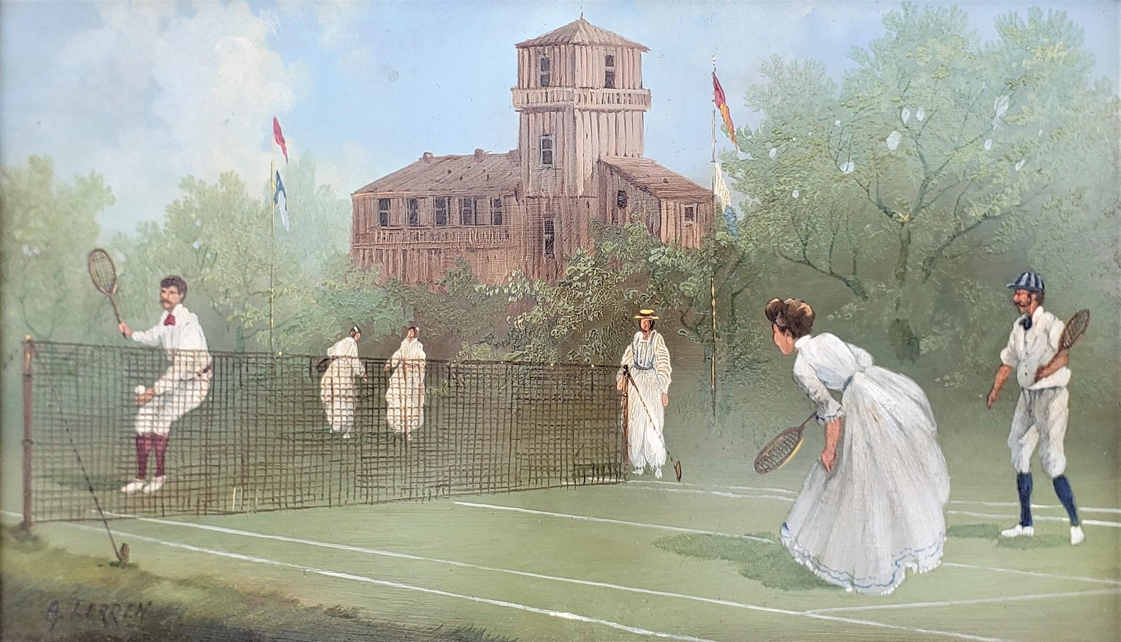 Anglais Peinture originale à l'huile sur cuivre représentant des joueurs de tennis, signée A. Larren en vente