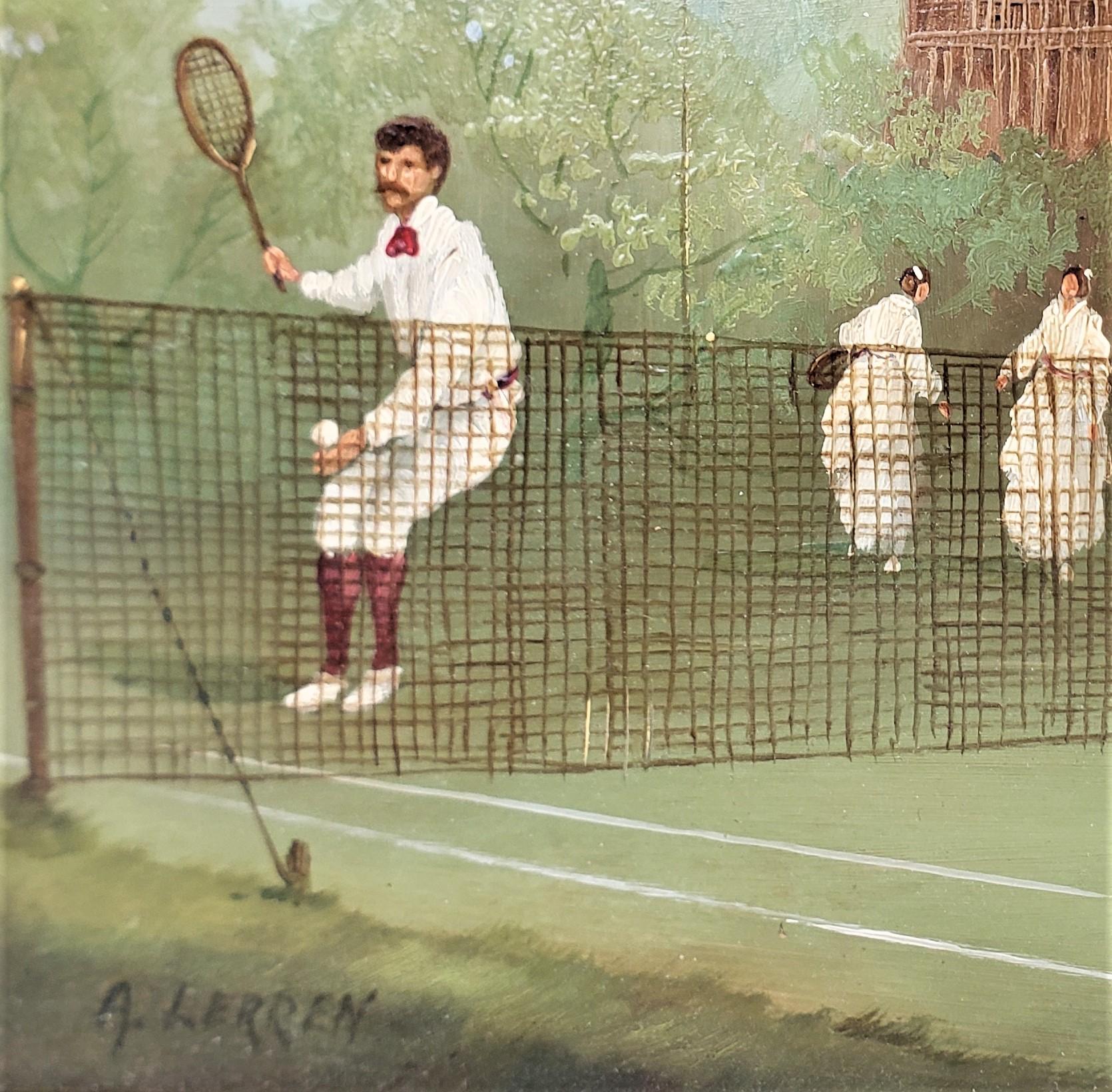 Peinture originale à l'huile sur cuivre représentant des joueurs de tennis, signée A. Larren Bon état - En vente à Hamilton, Ontario