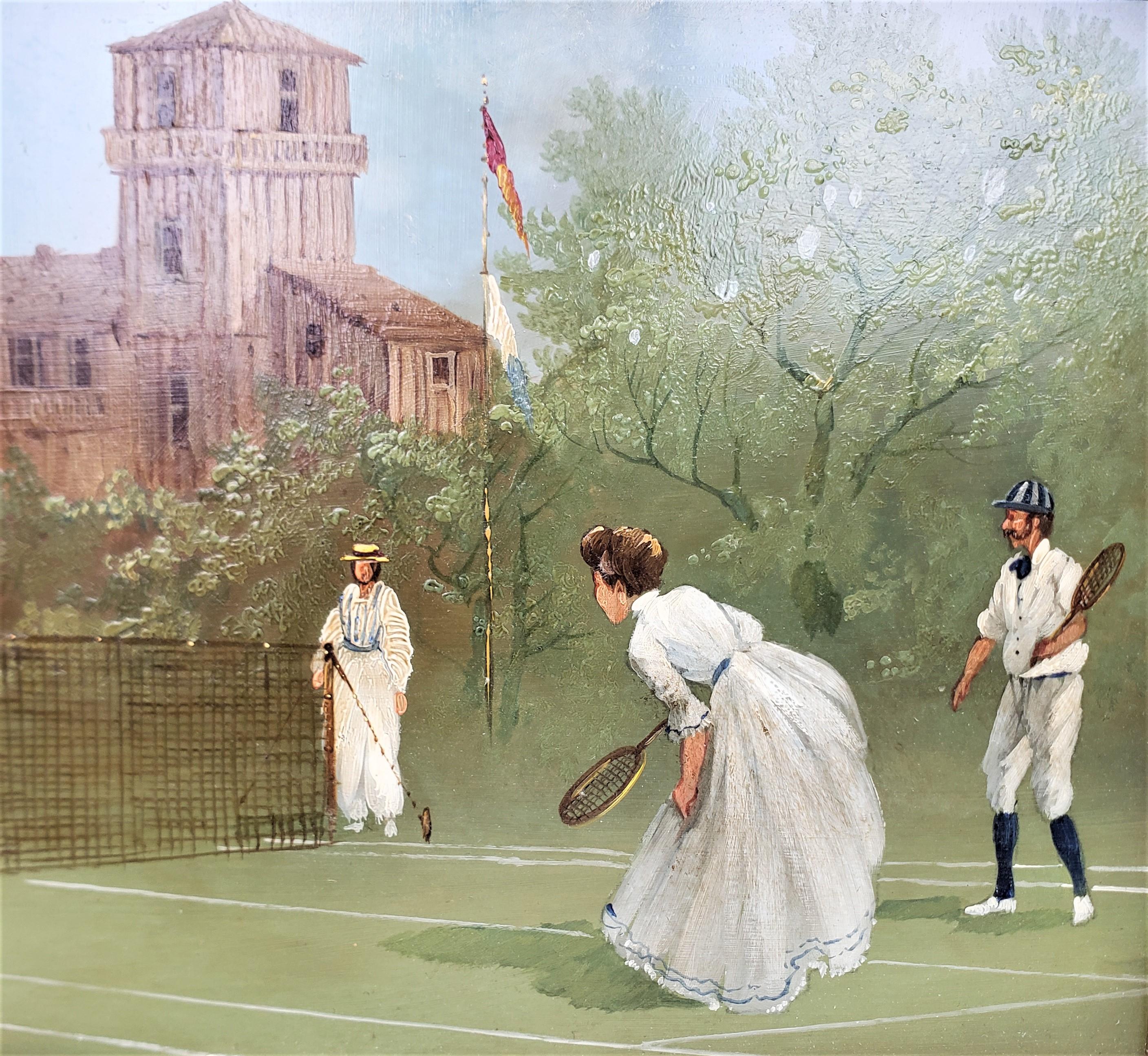 20ième siècle Peinture originale à l'huile sur cuivre représentant des joueurs de tennis, signée A. Larren en vente