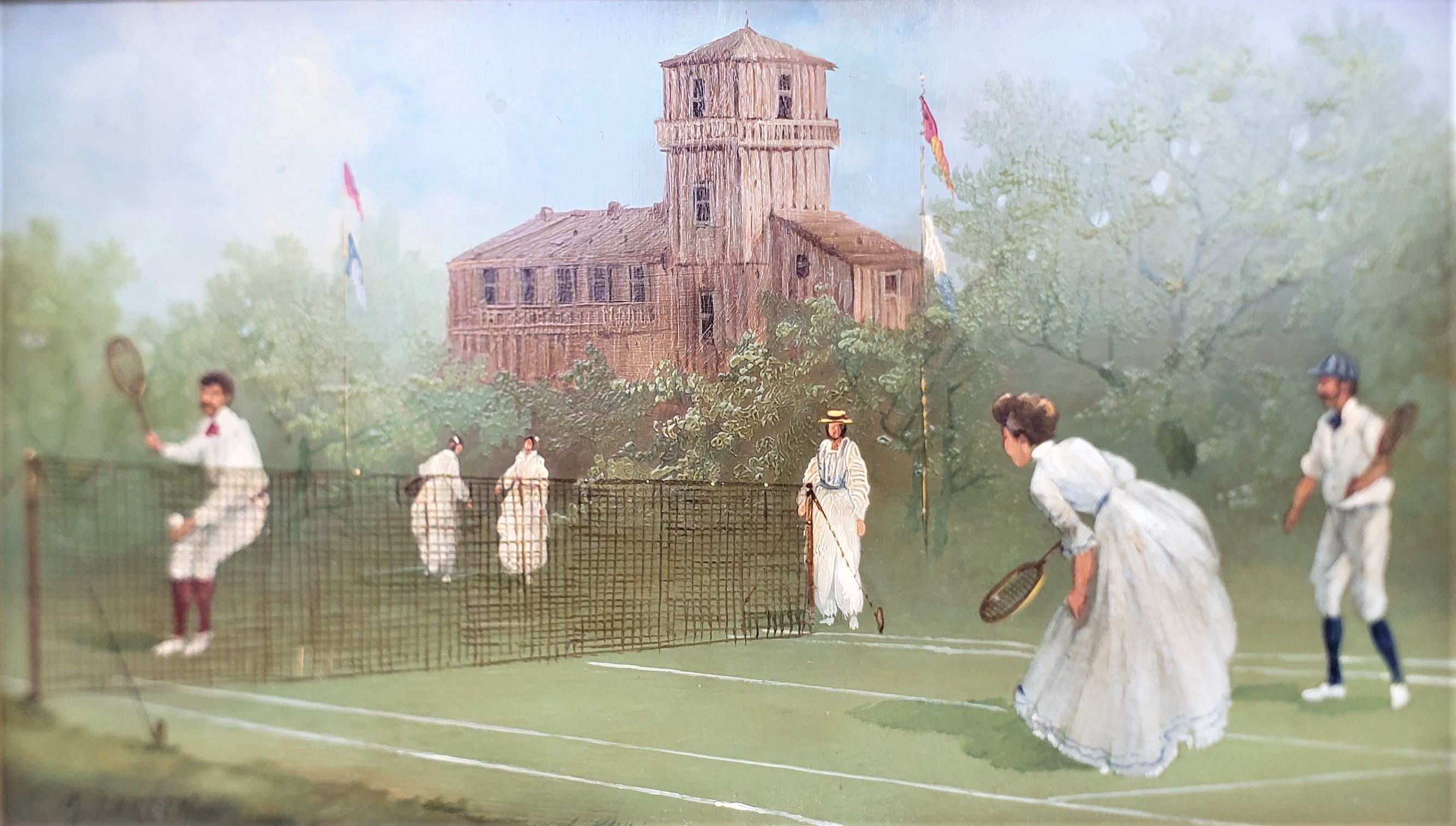 Signiertes Original-Gemälde in Öl auf Kupfer von A. Larren, das Tennisspieler darstellt im Angebot 1
