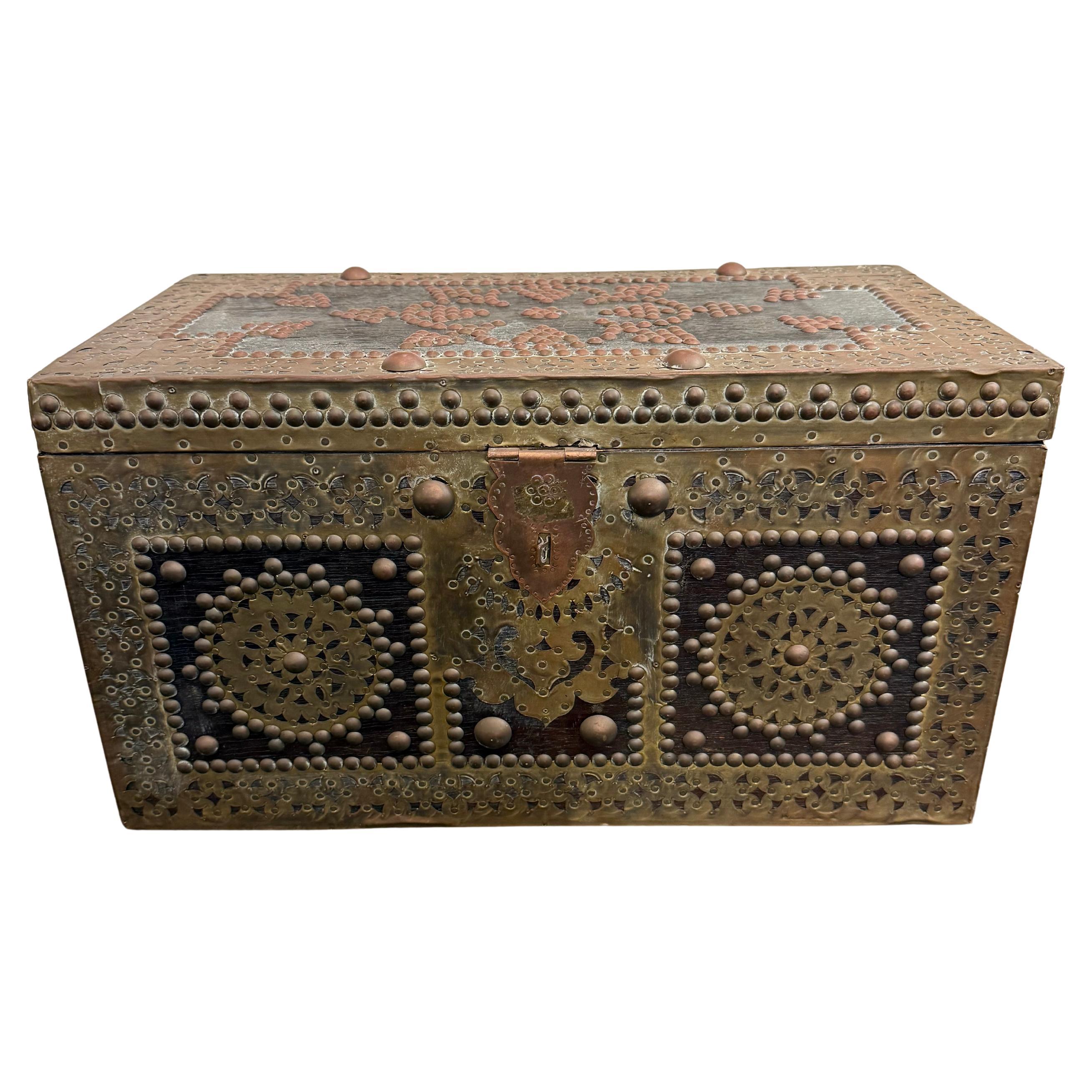 A Latched Wooden Box with Brass Overlay Decorations, 20th Century