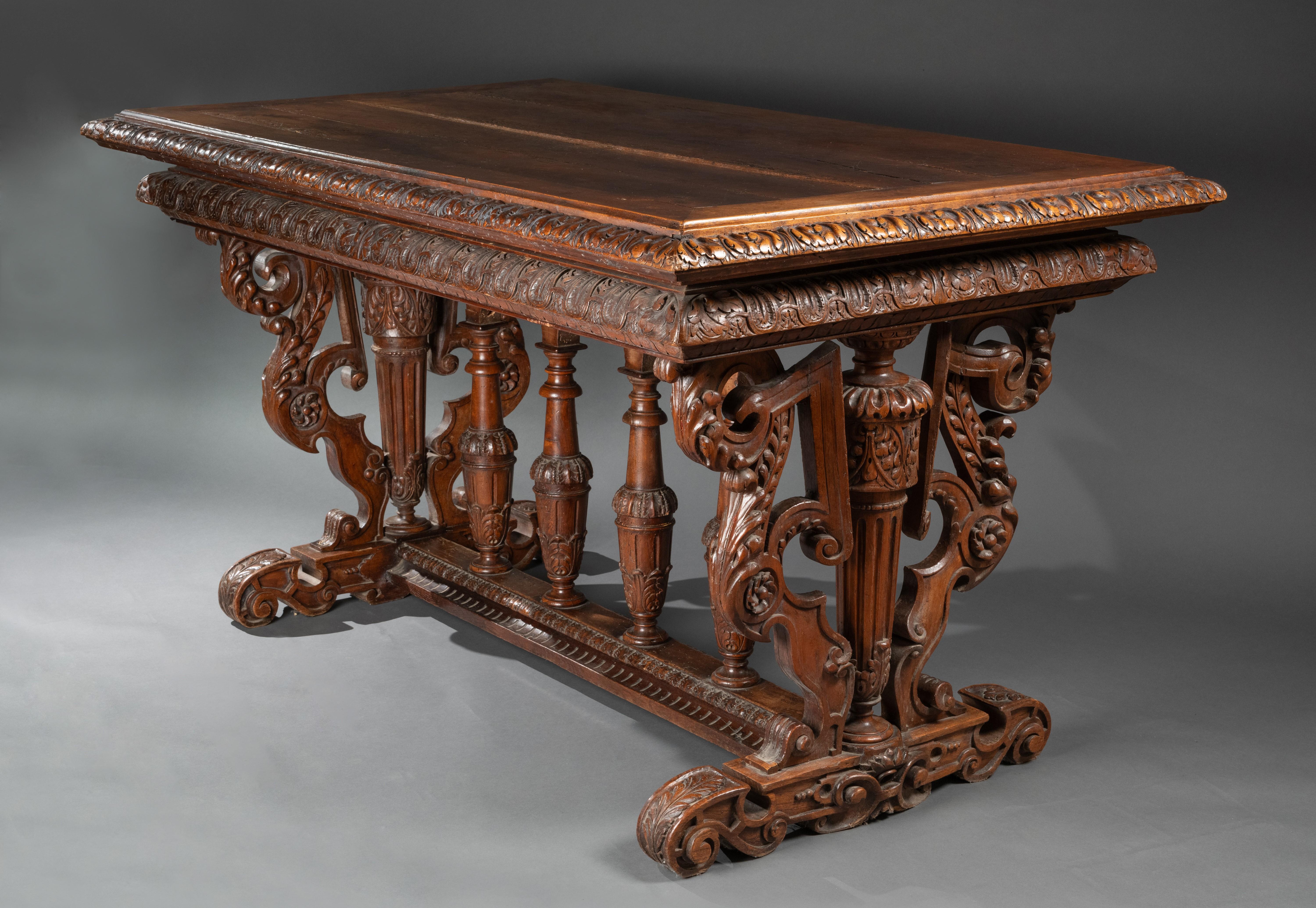 A late 16th century Renaissance richly carved walnut center table
France, The Loire Valley area
Dimensions: h. 33.46 in., w. 59.45 in., d. 36.22 in. 

Our remarquable table is a fabulous example of French renaissance castle furniture.
The rich