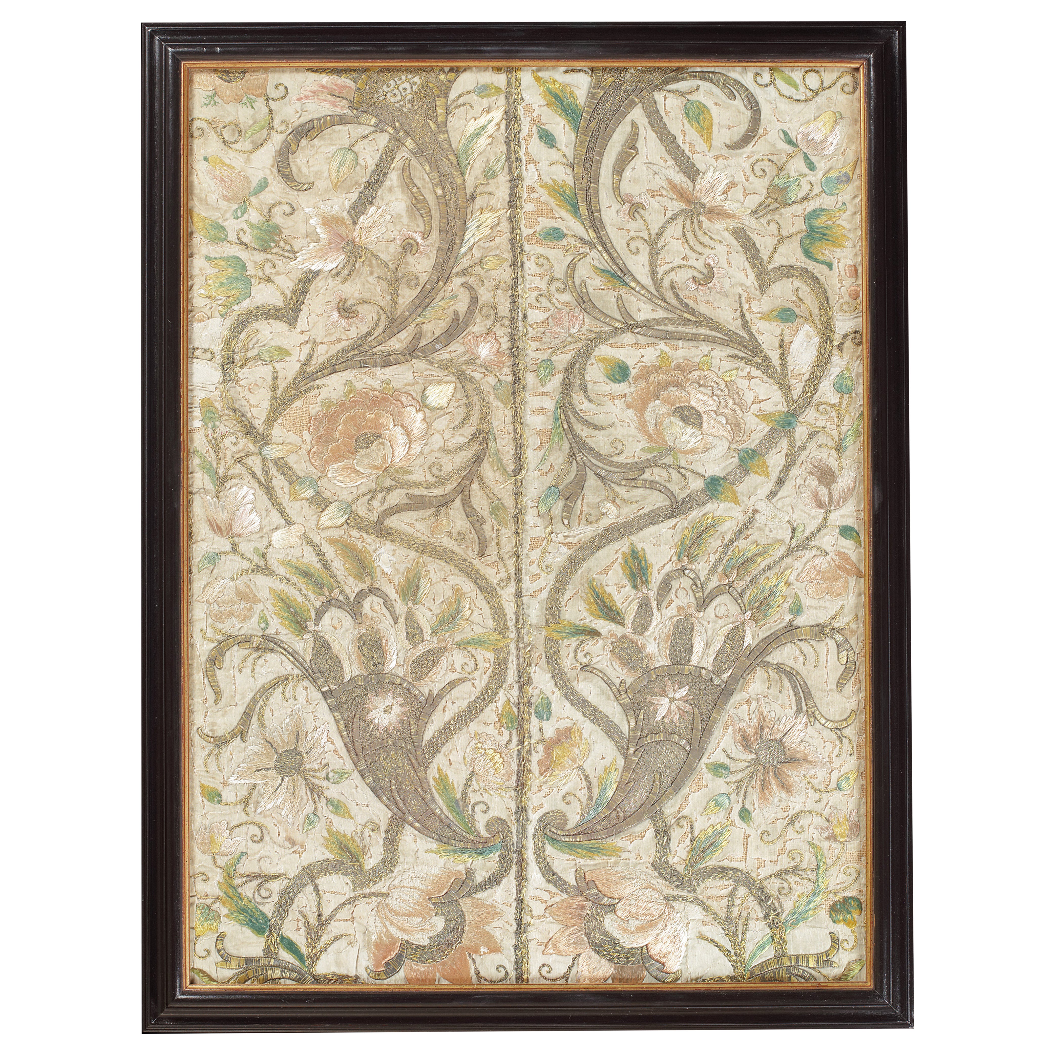 A late 17th century English Embroidered Silk and Metallic Thread Textile Panel