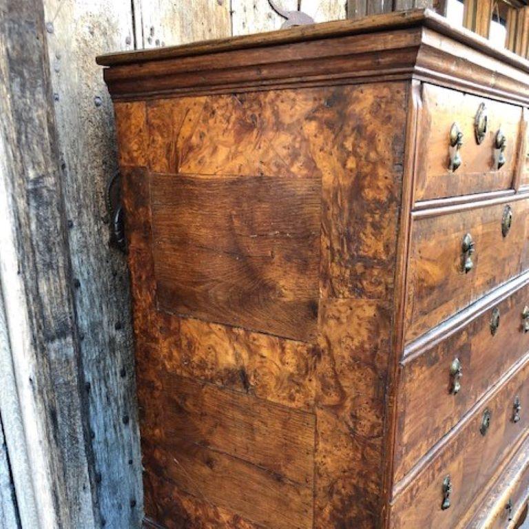 A late 17th century William & Mary burr elm, walnut and oak chest on stand, the slab veneers secured with yew wood pegs, the metalwork original (except for one missing handle, in the process of being copied).