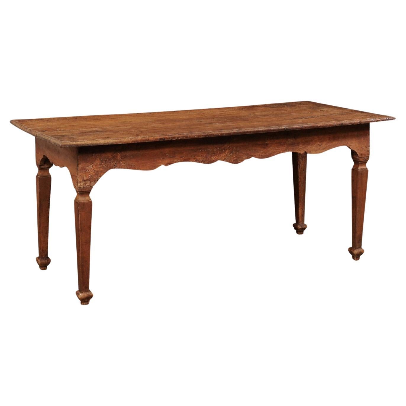 A Late 18th C. Italian Walnut Farm Table with Carved Skirt, 6 Ft Long For Sale