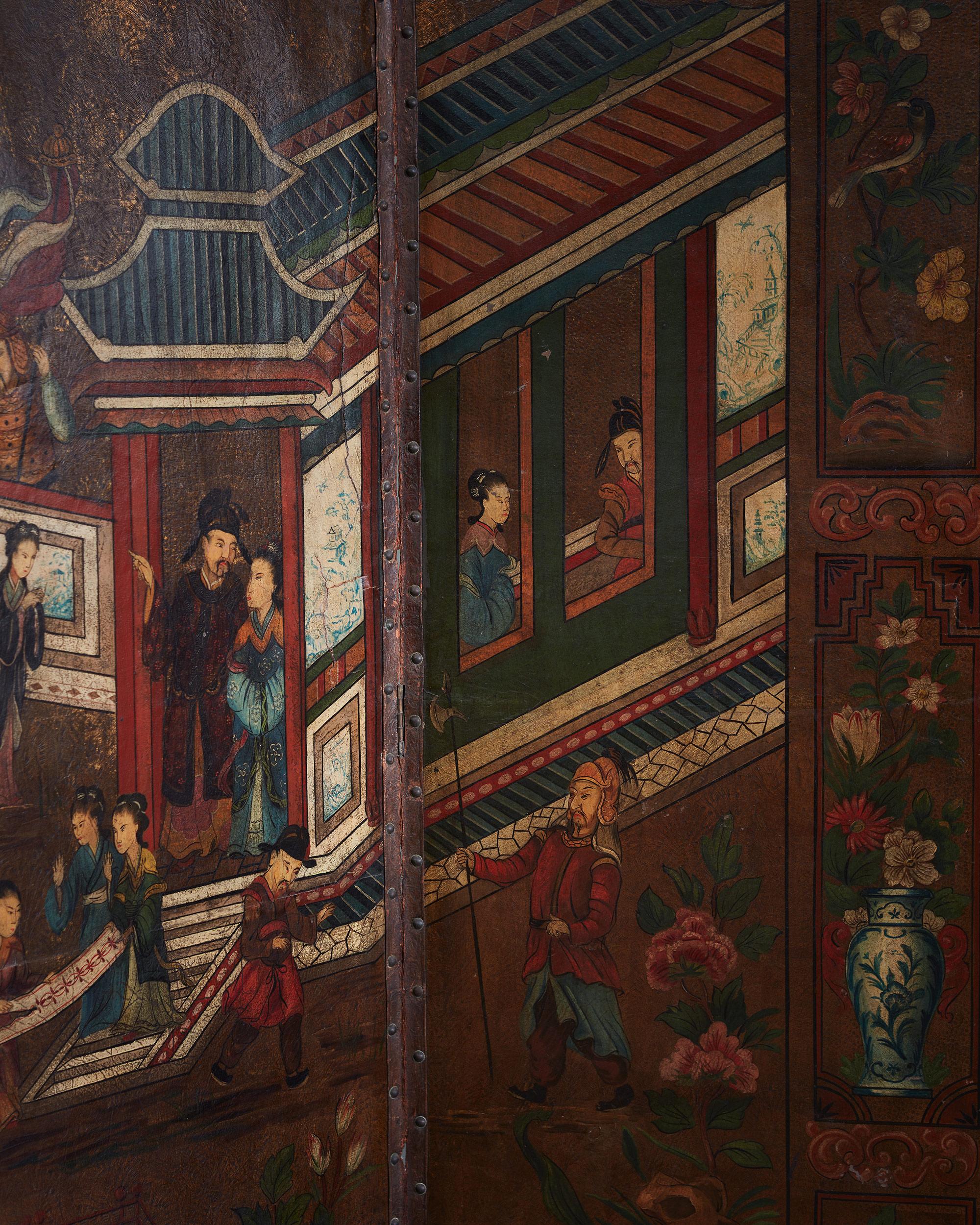 Ein Chinoiserie-Raumteiler aus Leder mit vier Tafeln aus dem späten 18. Jahrhundert (Englisch) im Angebot