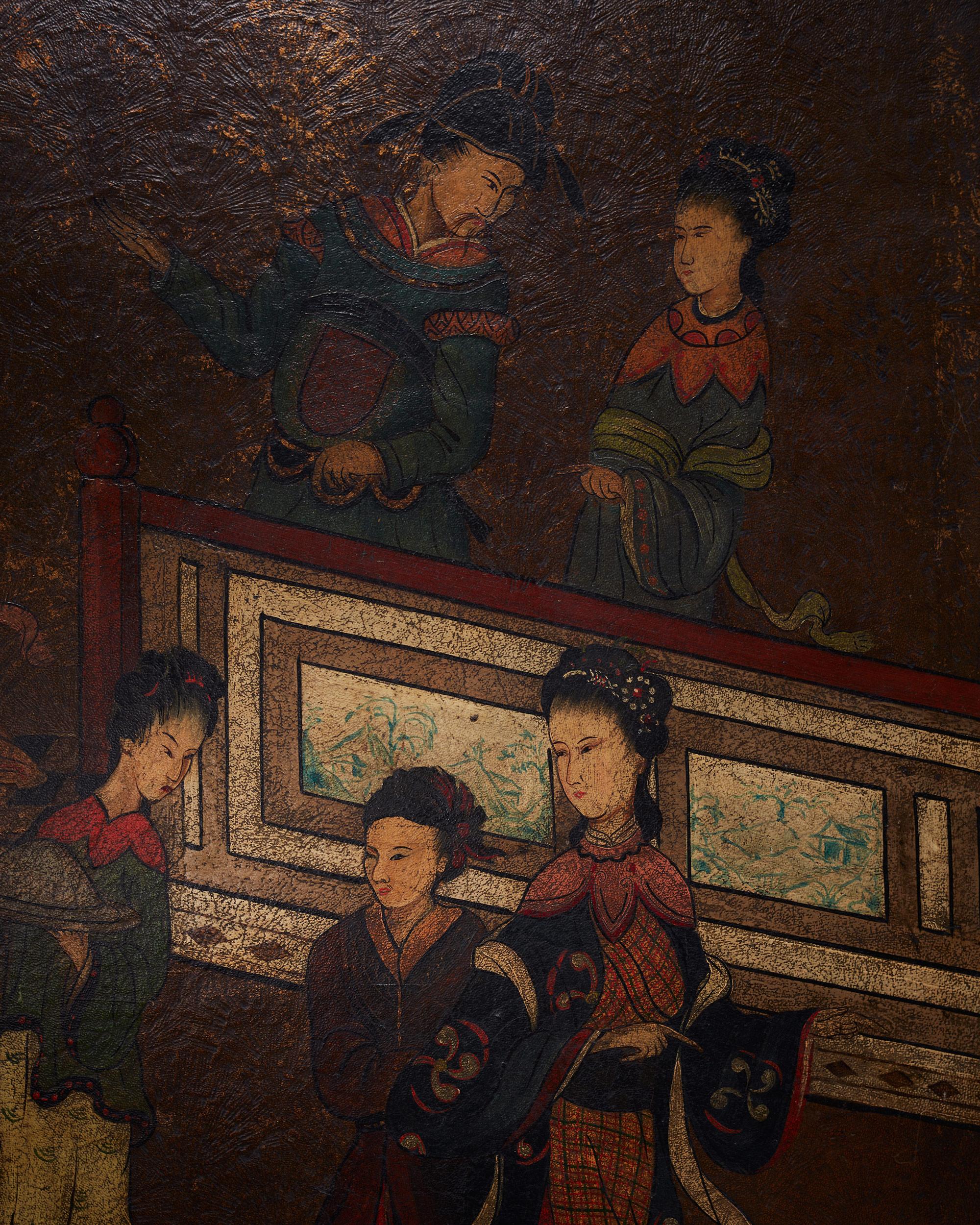 Ein Chinoiserie-Raumteiler aus Leder mit vier Tafeln aus dem späten 18. Jahrhundert (Handbemalt) im Angebot