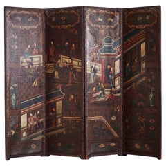 Paravento a quattro pannelli in pelle Chinoiserie della fine del XVIII secolo