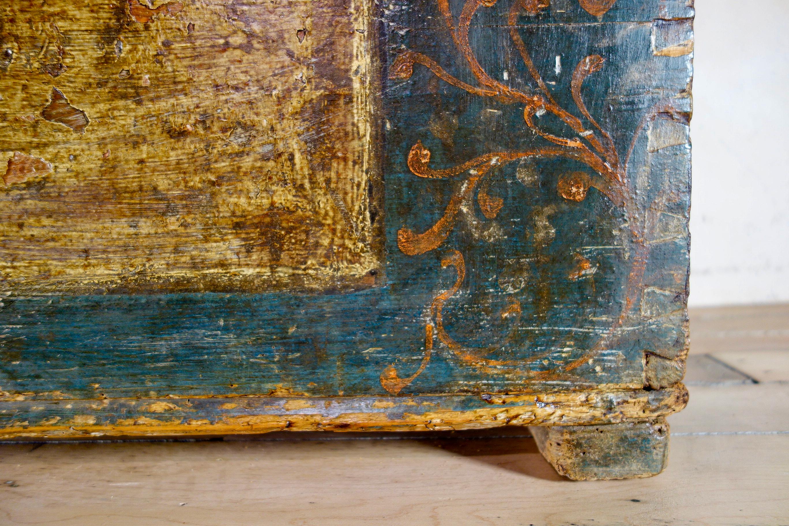 European A Late 18th Century Continental Original Painted Dowry Chest, Trunk Coffee Table