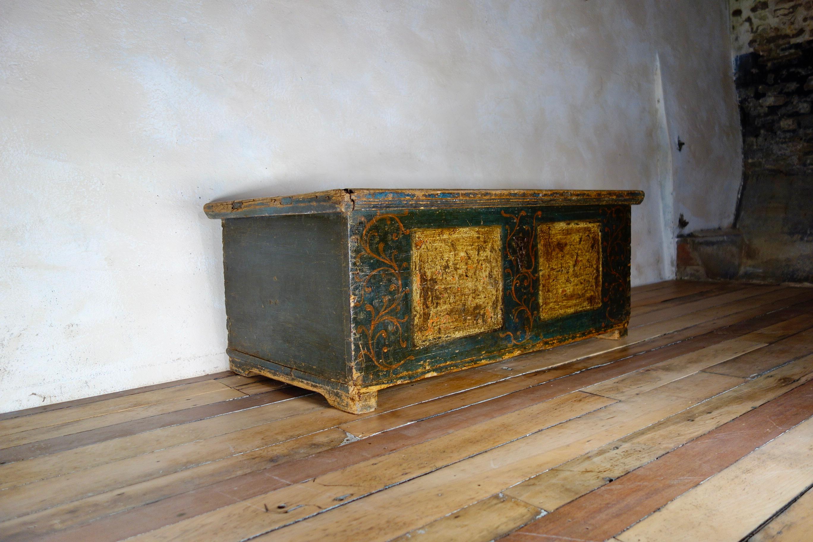 A Late 18th Century Continental Original Painted Dowry Chest, Trunk Coffee Table 1