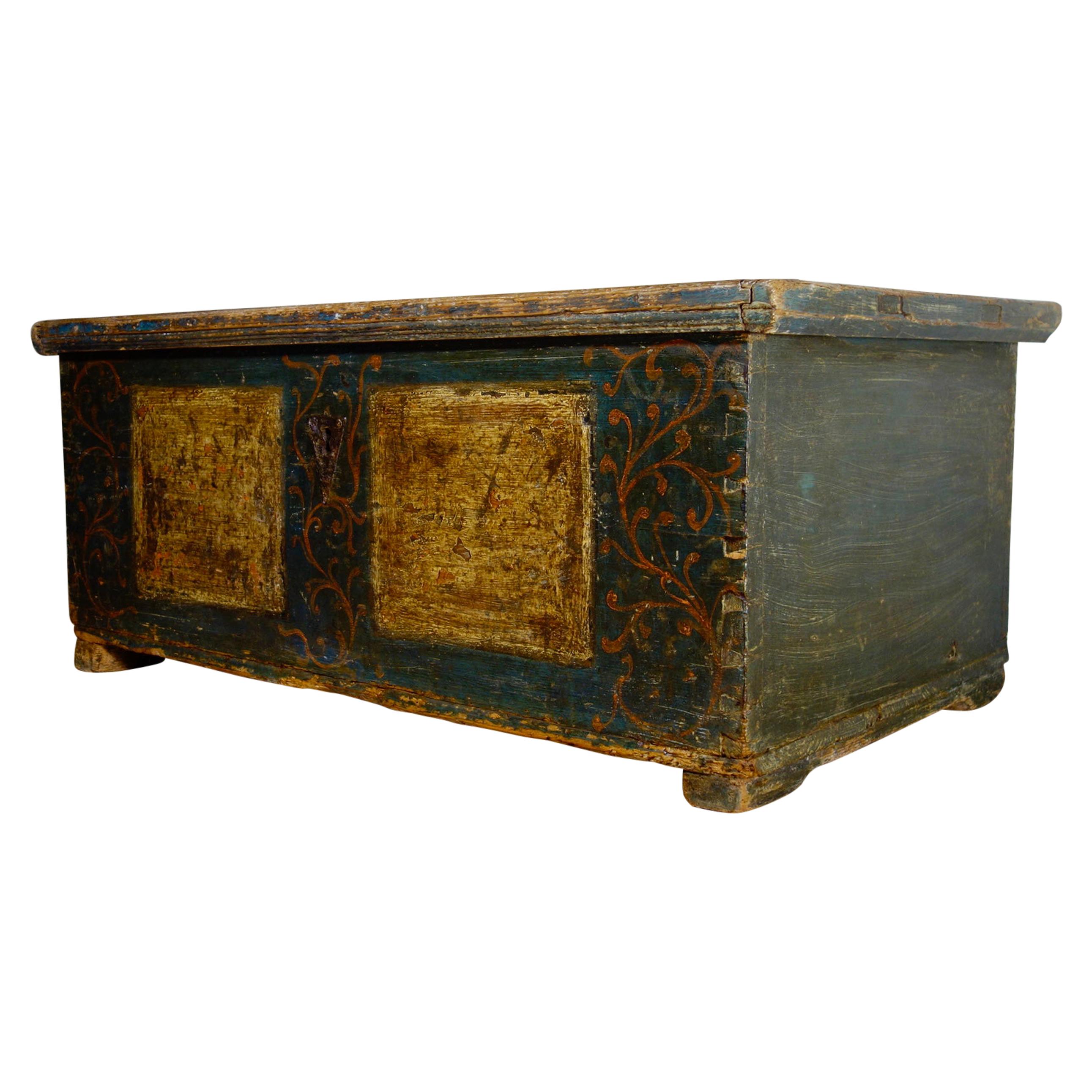 A Late 18th Century Continental Original Painted Dowry Chest, Trunk Coffee Table