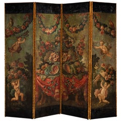 Antique A Late 18th Century Italian Painted Leather Four Fold Screen