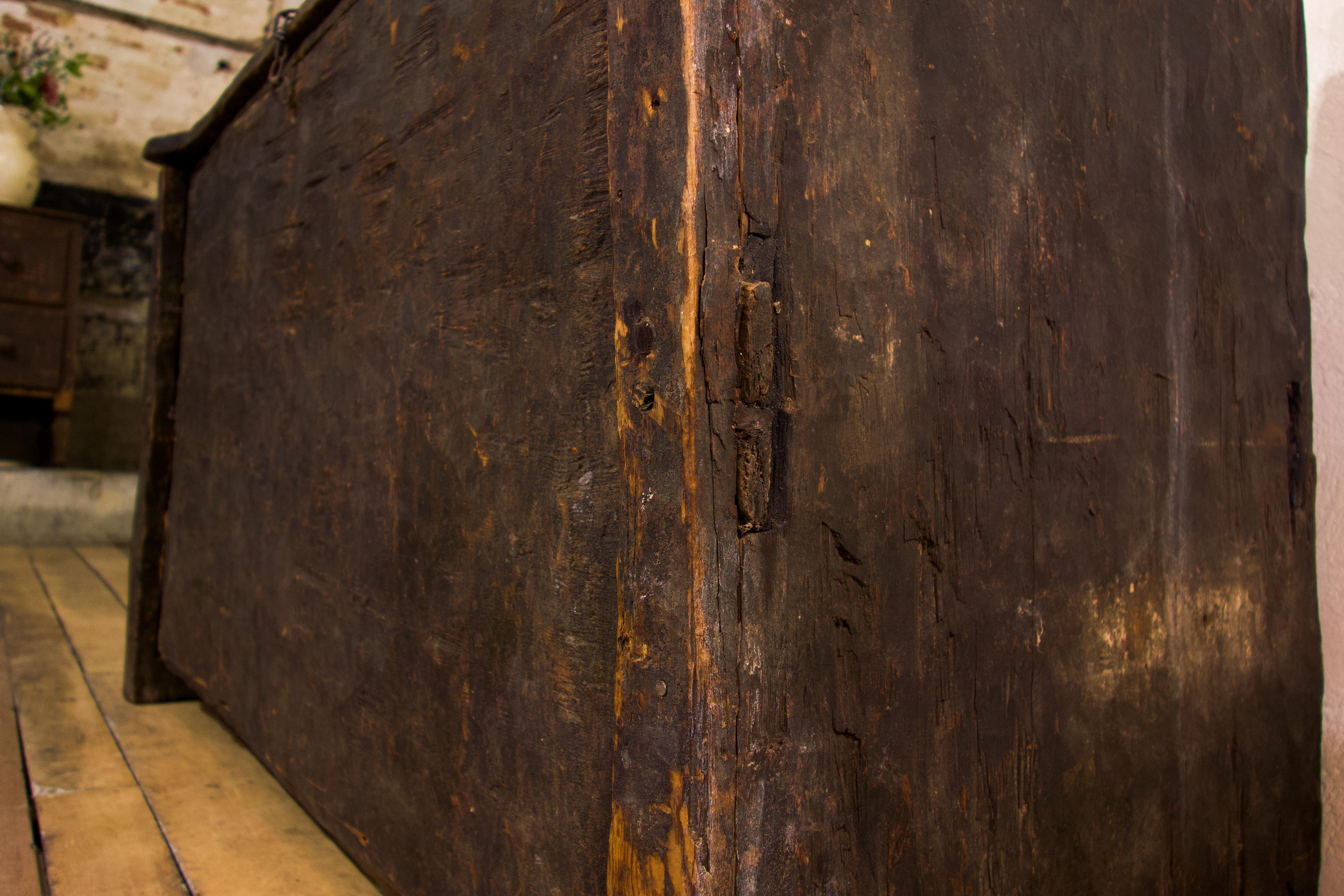 Asian Late 18th Century Primitive Cedar Black Painted Settle, Trunk, Chest