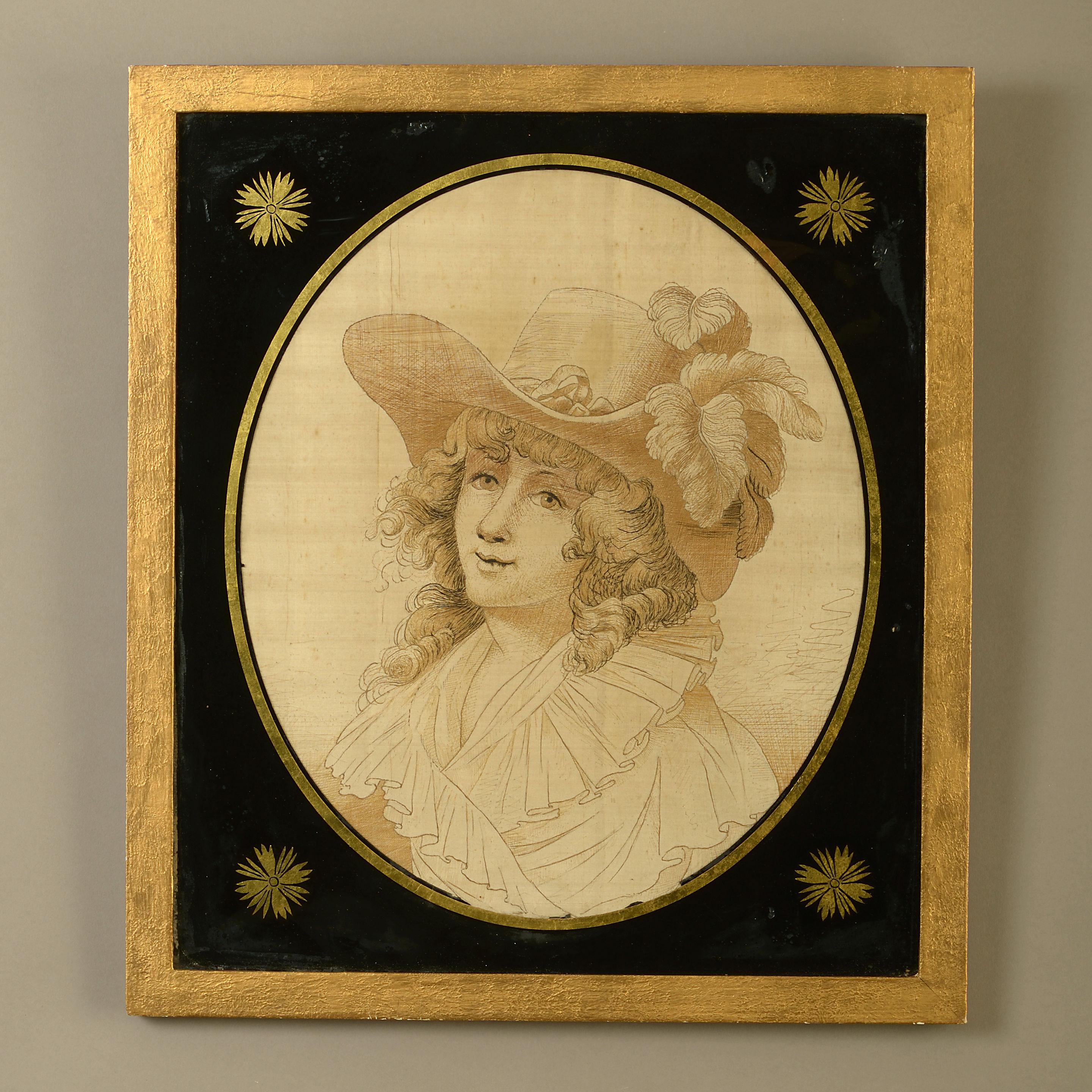 Un raffinato e raro ritratto di giovane donna in seta della fine del XVIII secolo. Incastonato nella montatura originale in verre eglomisé. 

Le dimensioni si riferiscono alle dimensioni della cornice.
