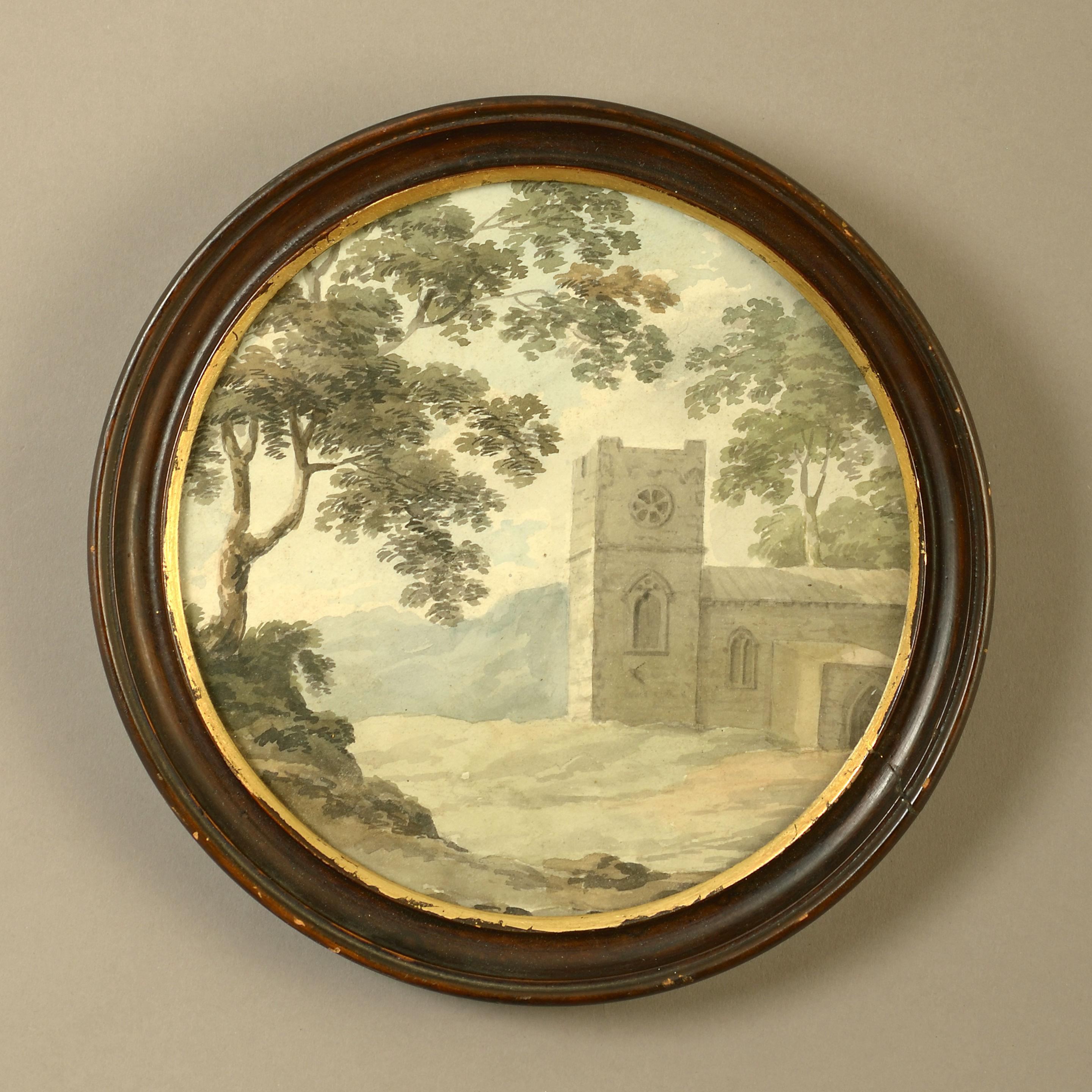 A charming Picturesque late 18th century watercolor depicting a Gothic church. Set within a circular wooden frame. 

Dimensions refer to size of frame.