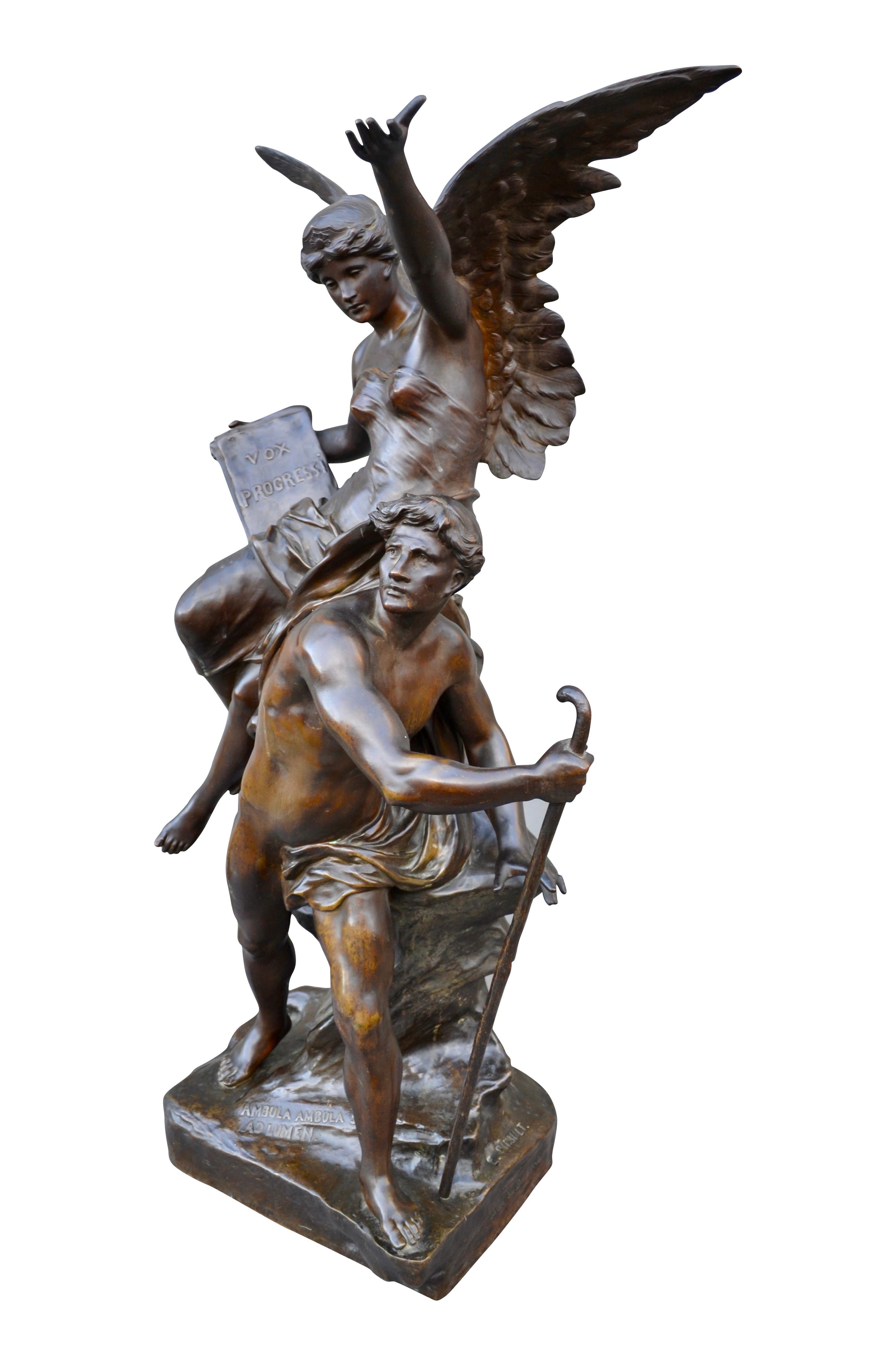 Emile Louis Picault (1833-1915) Vox Progressi. A rare and important bronze statue featuring a classically draped winged maiden sitting on a tree trunk one hand aloft and the other holding a tablet bearing the latin inscription 