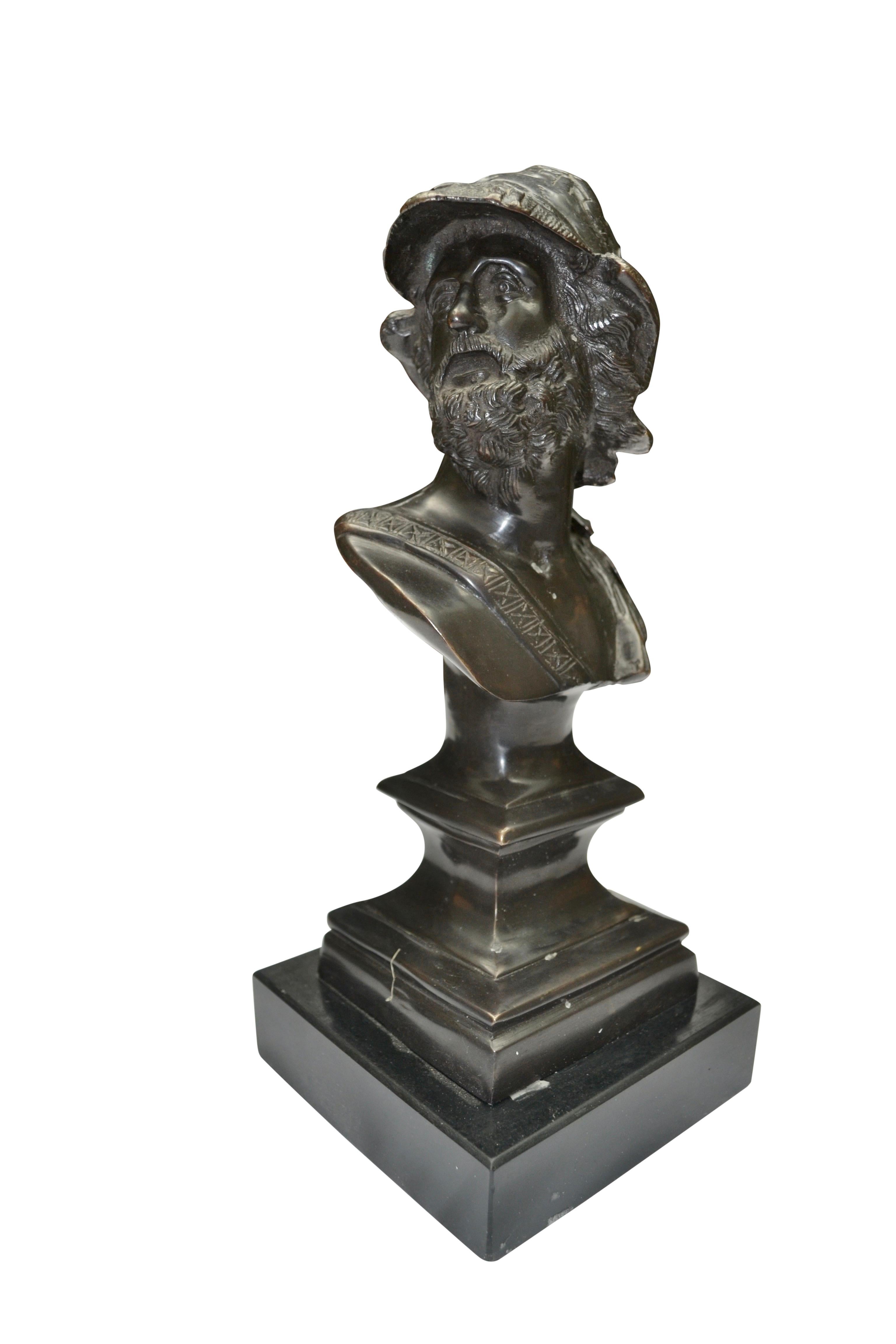 A fine patinated bronze bust of Pericles on a stepped black marble base.  A magnificent orator with a reputation for scrupulous honesty, Pericles was a keen patron of learning and the arts.  He also masterminded the construction of the Parthenon but