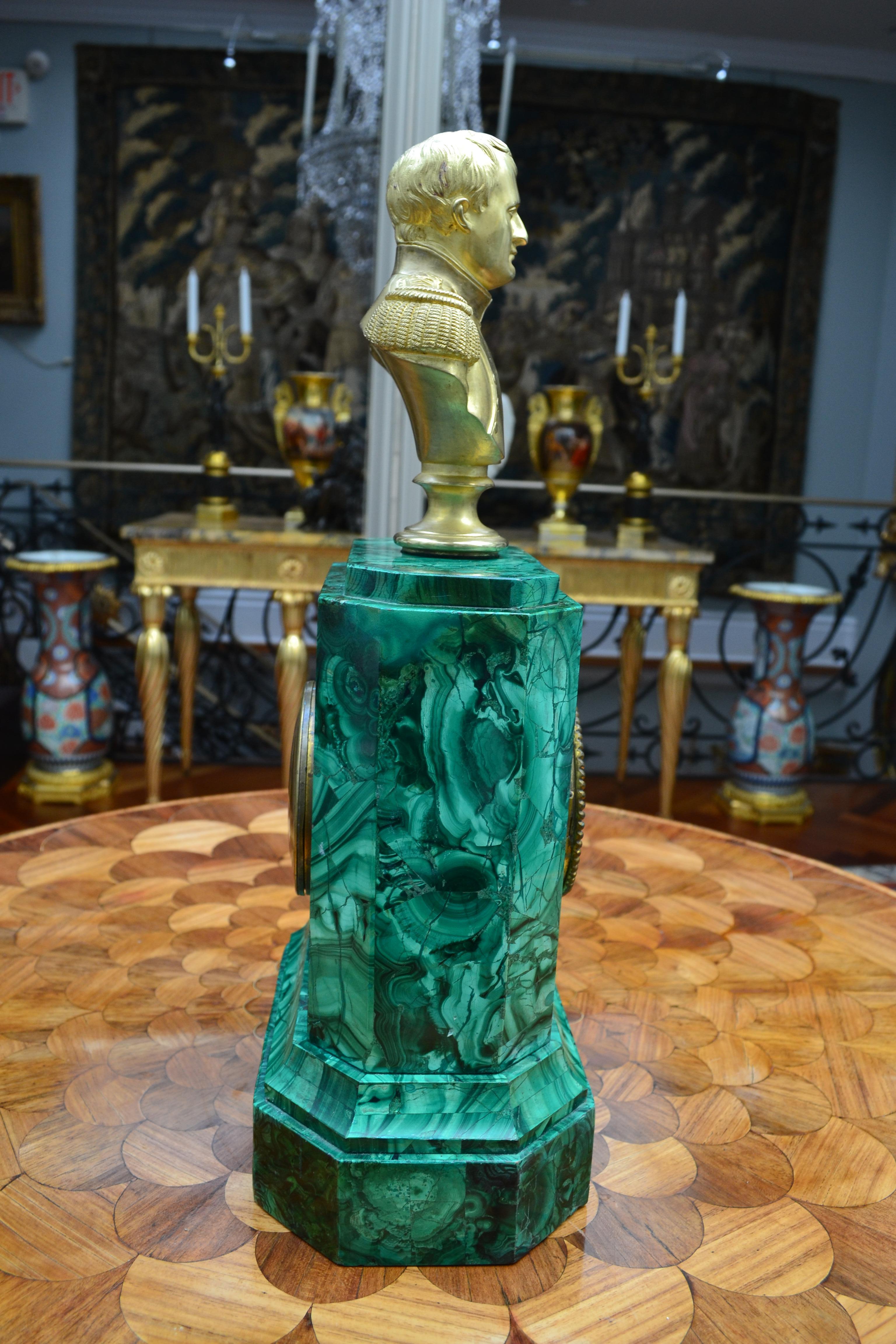 A Late 19 Century Malachite clock Topped by a Gilt  Bronze Bust of Napoleon For Sale 5