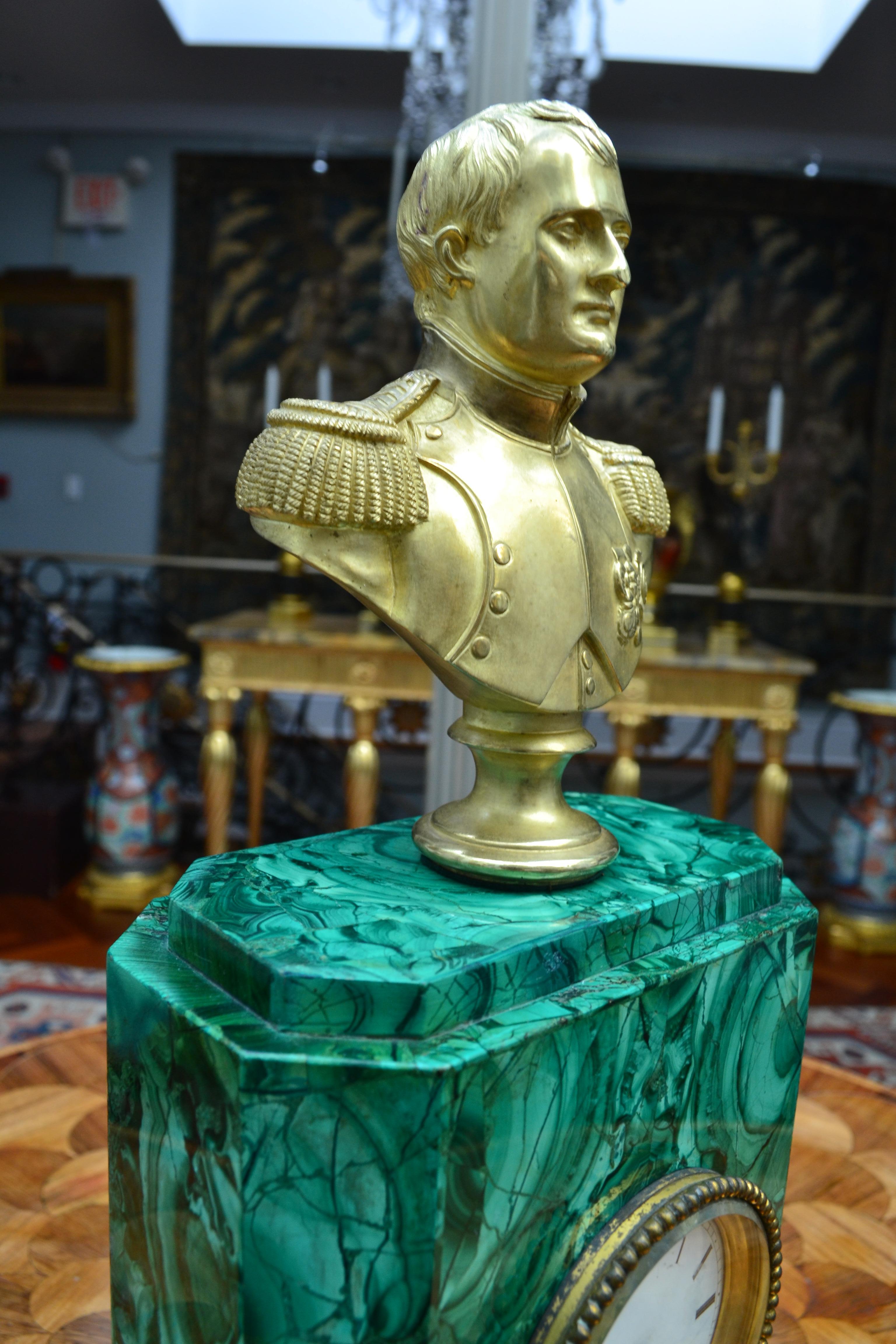A Late 19 Century Malachite clock Topped by a Gilt  Bronze Bust of Napoleon For Sale 6