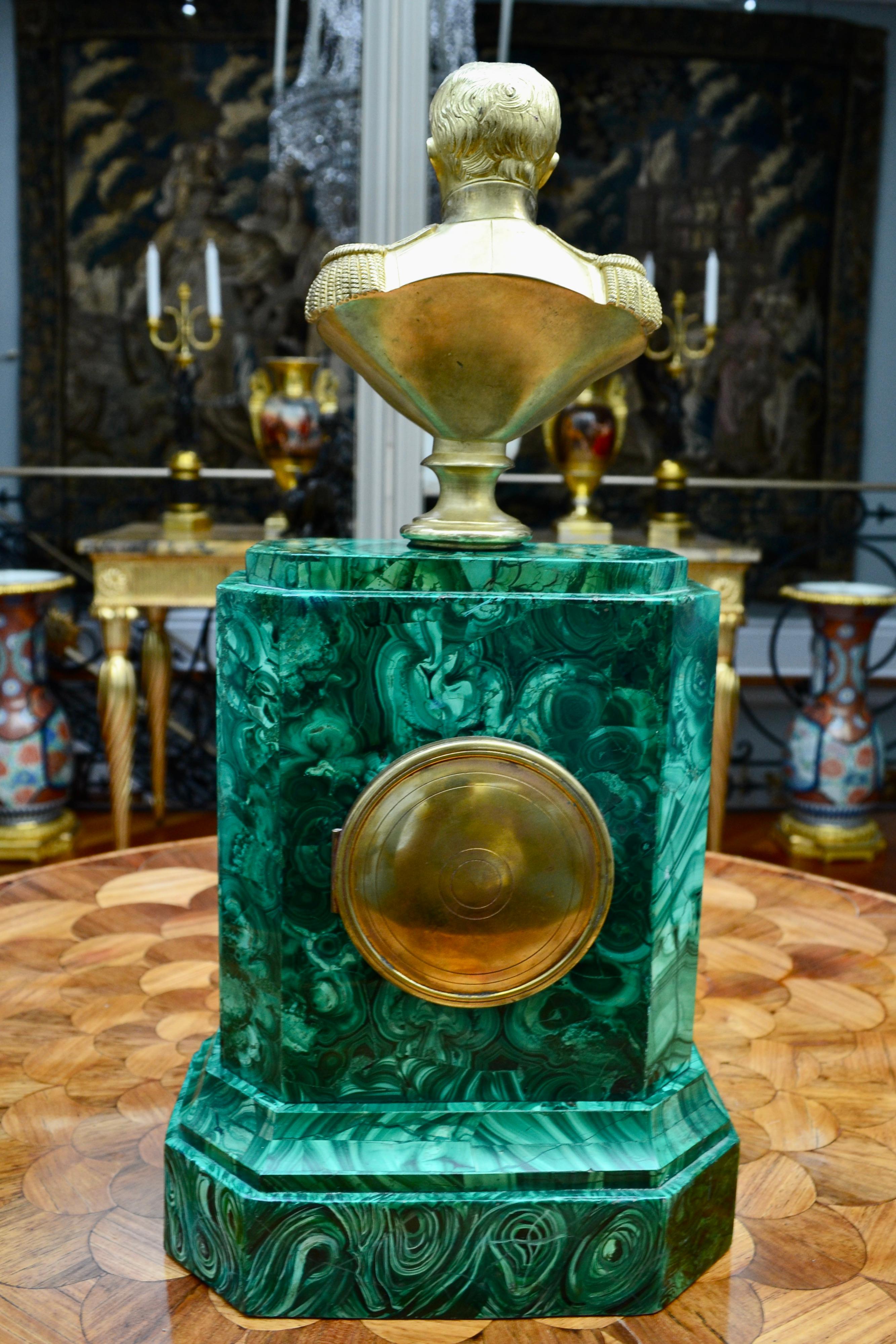 A Late 19 Century Malachite clock Topped by a Gilt  Bronze Bust of Napoleon For Sale 7