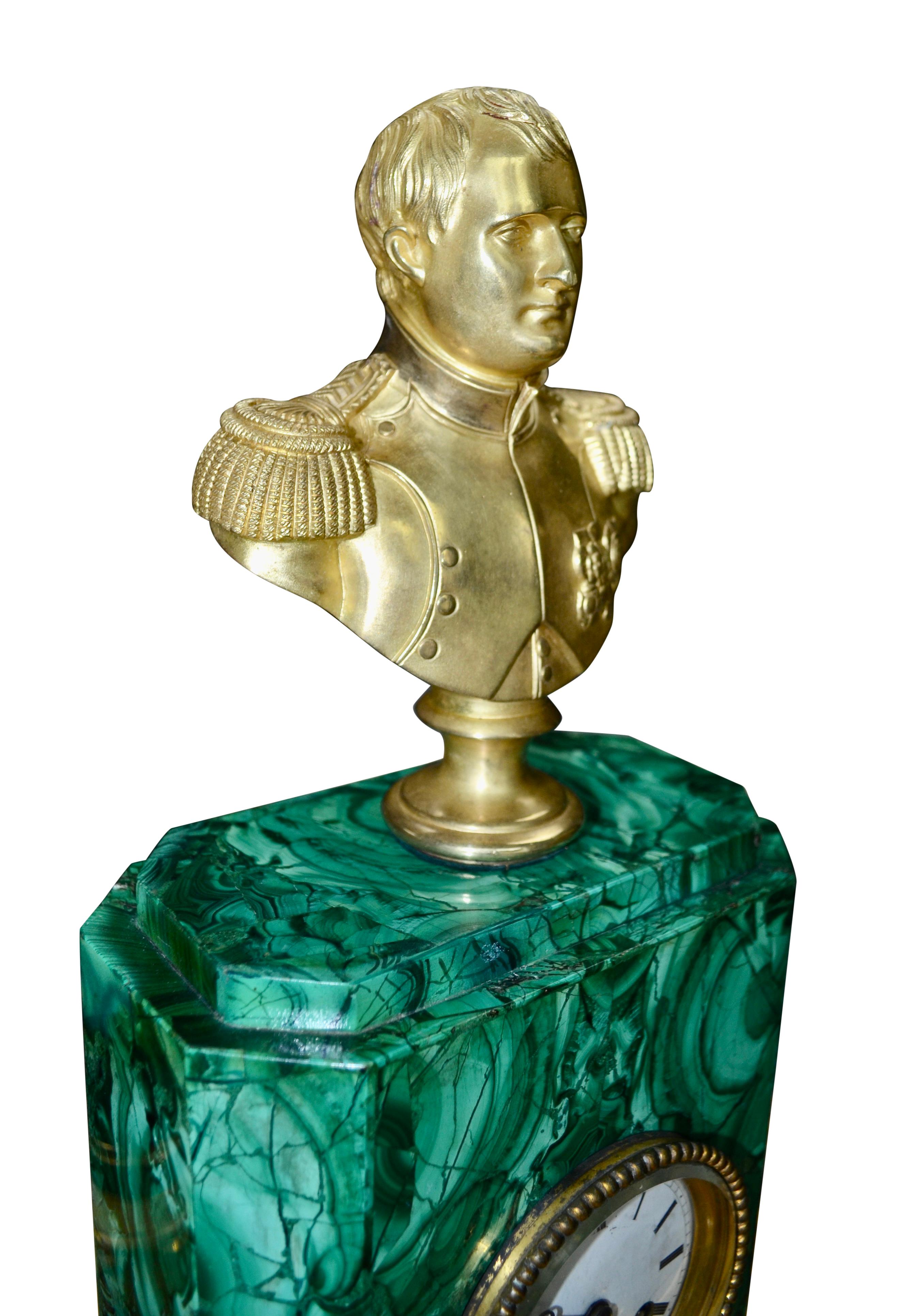 A Late 19 Century Malachite clock Topped by a Gilt  Bronze Bust of Napoleon In Good Condition For Sale In Vancouver, British Columbia