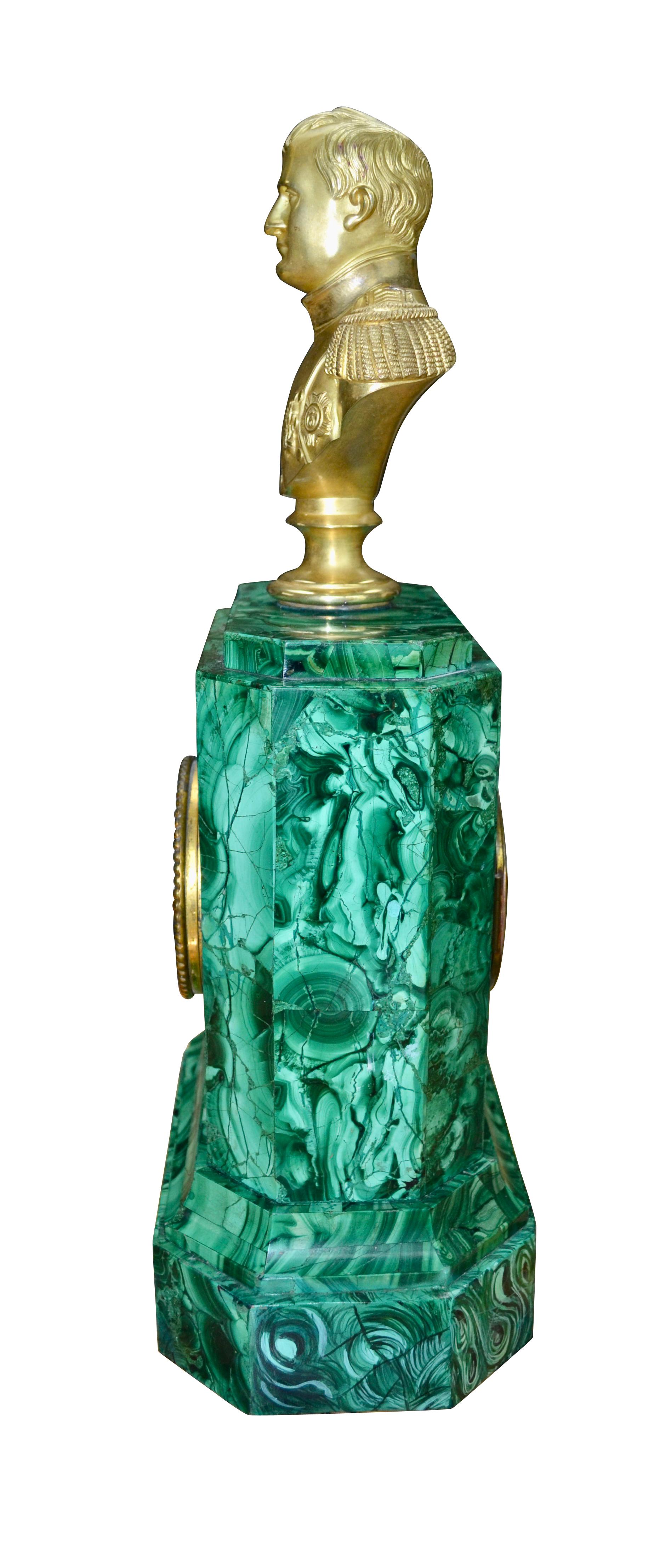 19th Century A Late 19 Century Malachite clock Topped by a Gilt  Bronze Bust of Napoleon For Sale