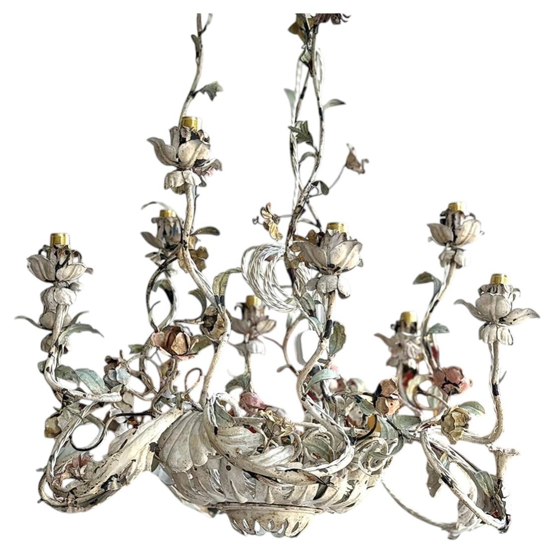 A Late 19th C French Polychrome Tole Basket Chandelier For Sale