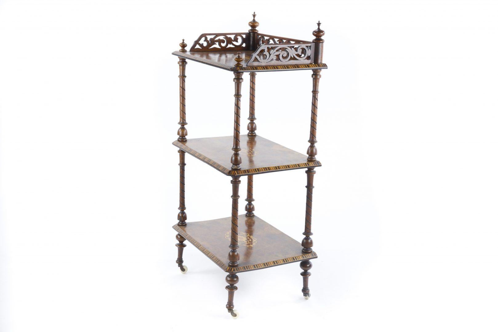 Late 19th Century Walnut Rectangular Three-Tier Whatnot with Floral Inlay In Good Condition In Northwich, GB