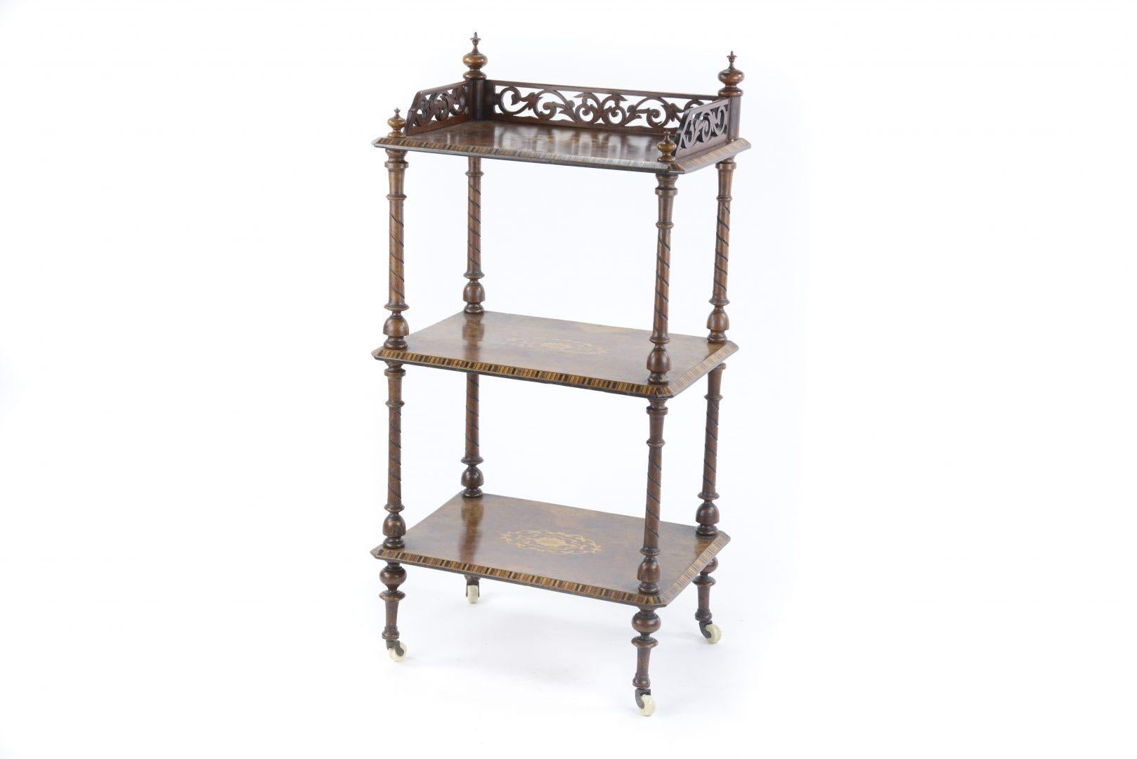 Late 19th Century Walnut Rectangular Three-Tier Whatnot with Floral Inlay 1