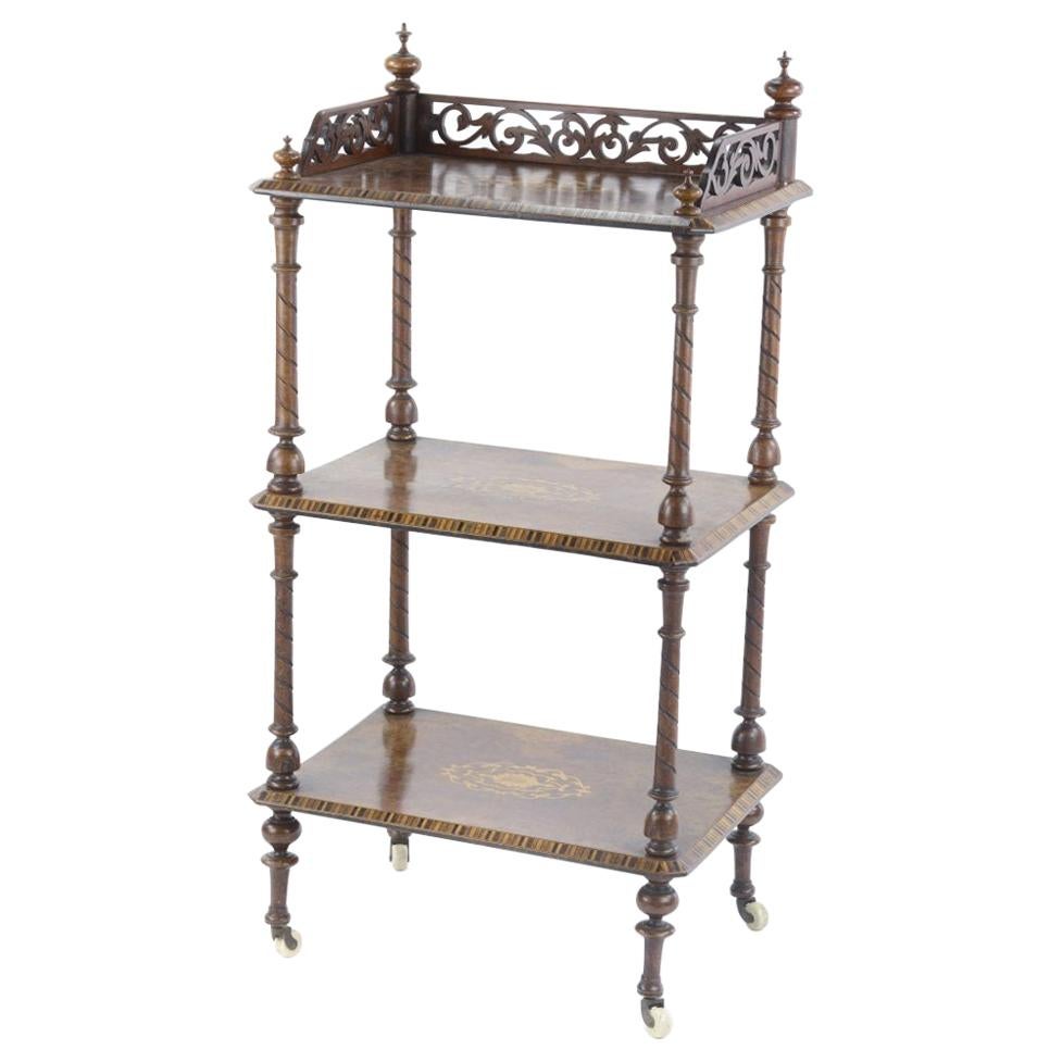 Late 19th Century Walnut Rectangular Three-Tier Whatnot with Floral Inlay