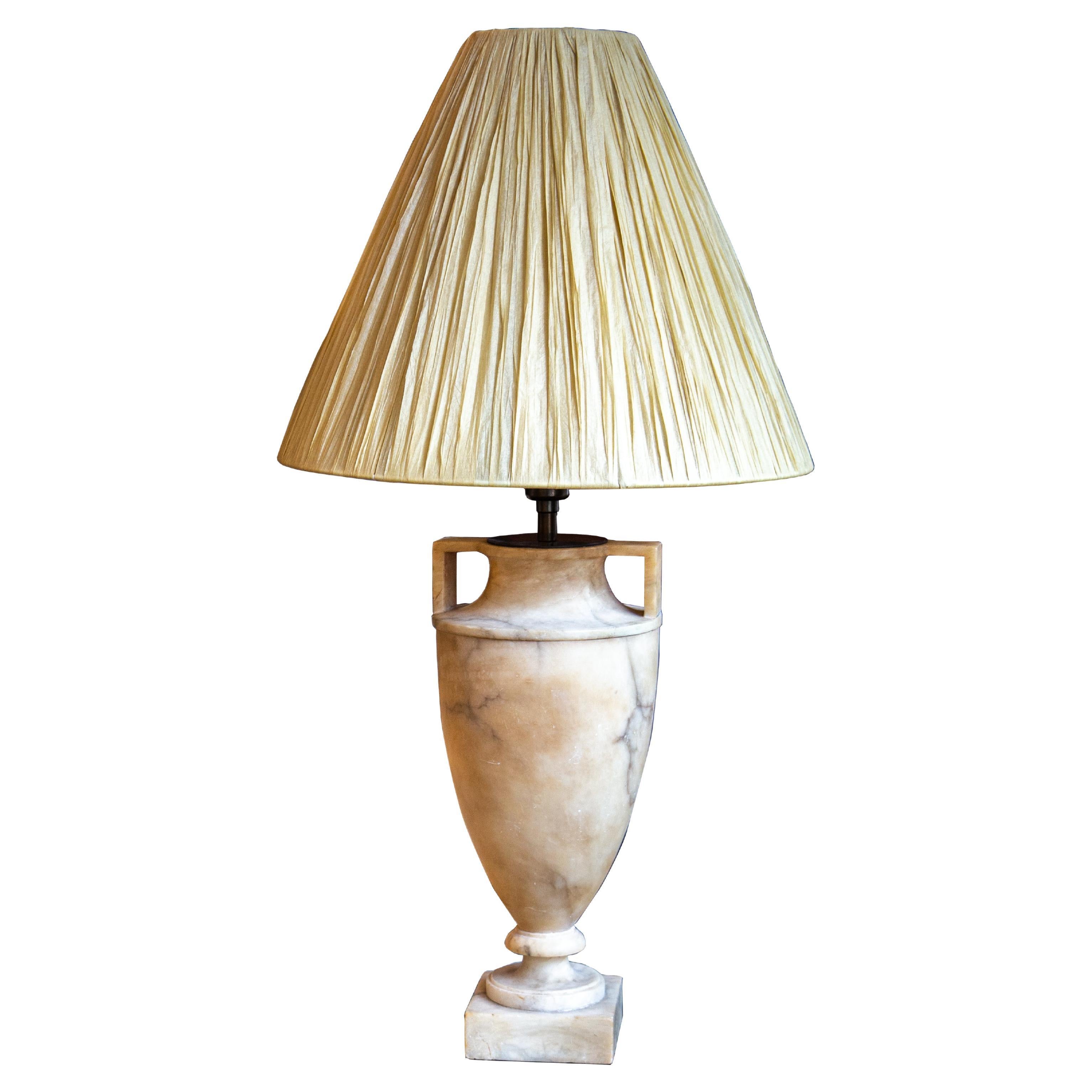 Late 19th Century Alabaster Amphora Urn Table Lamp with Bespoke Raffia Shade For Sale